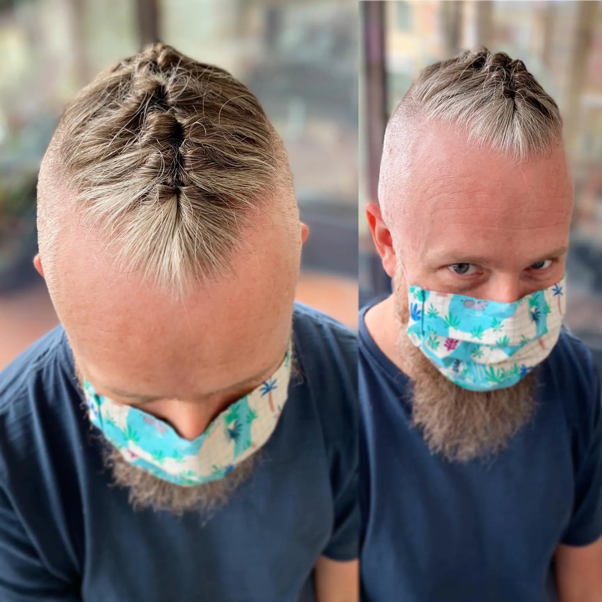 A high-fade undercut featuring the top section styled into a centered French braid mohawk. 1