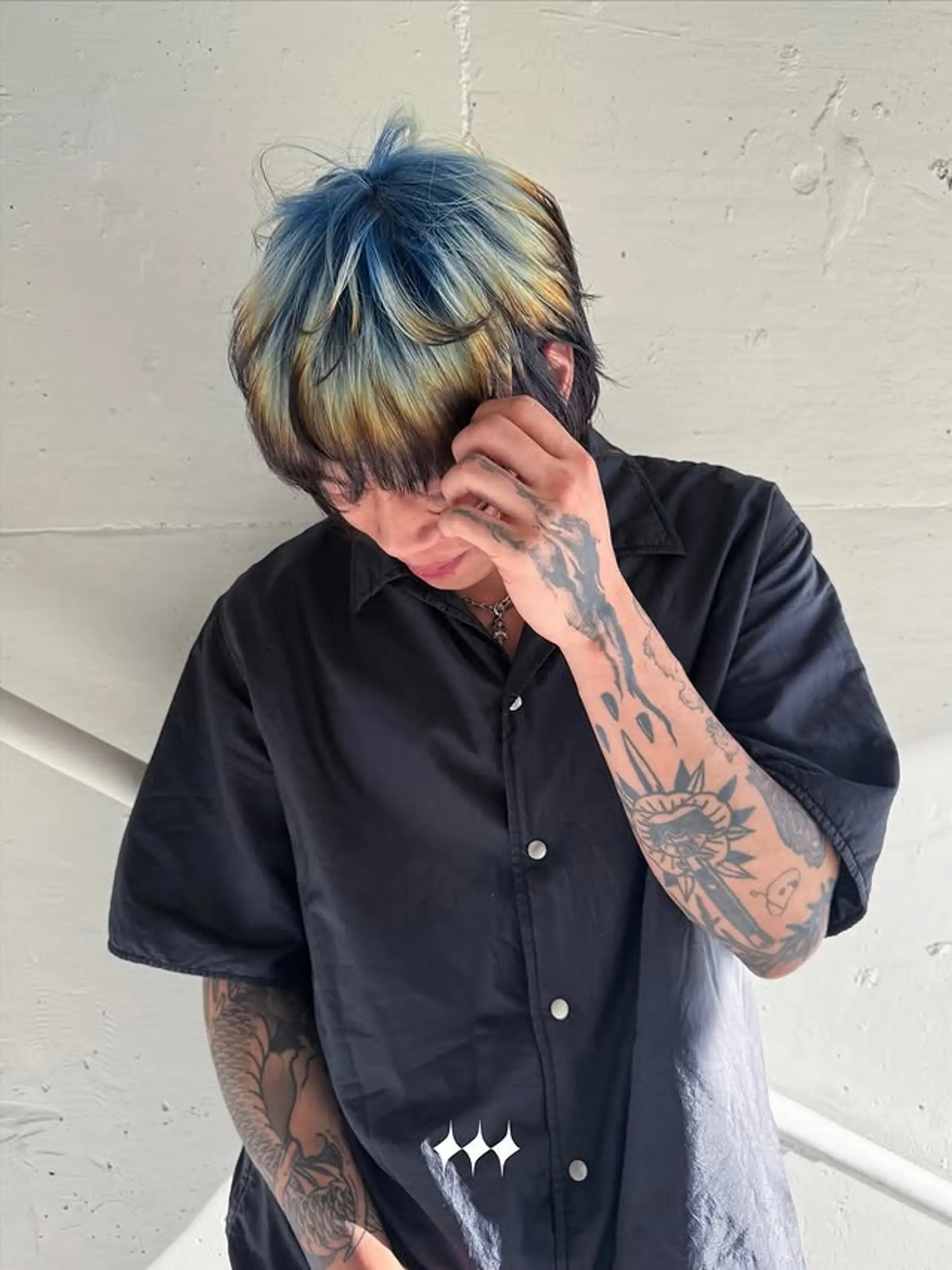 An edgy bowl cut with a two-tone blue and blonde color. 1