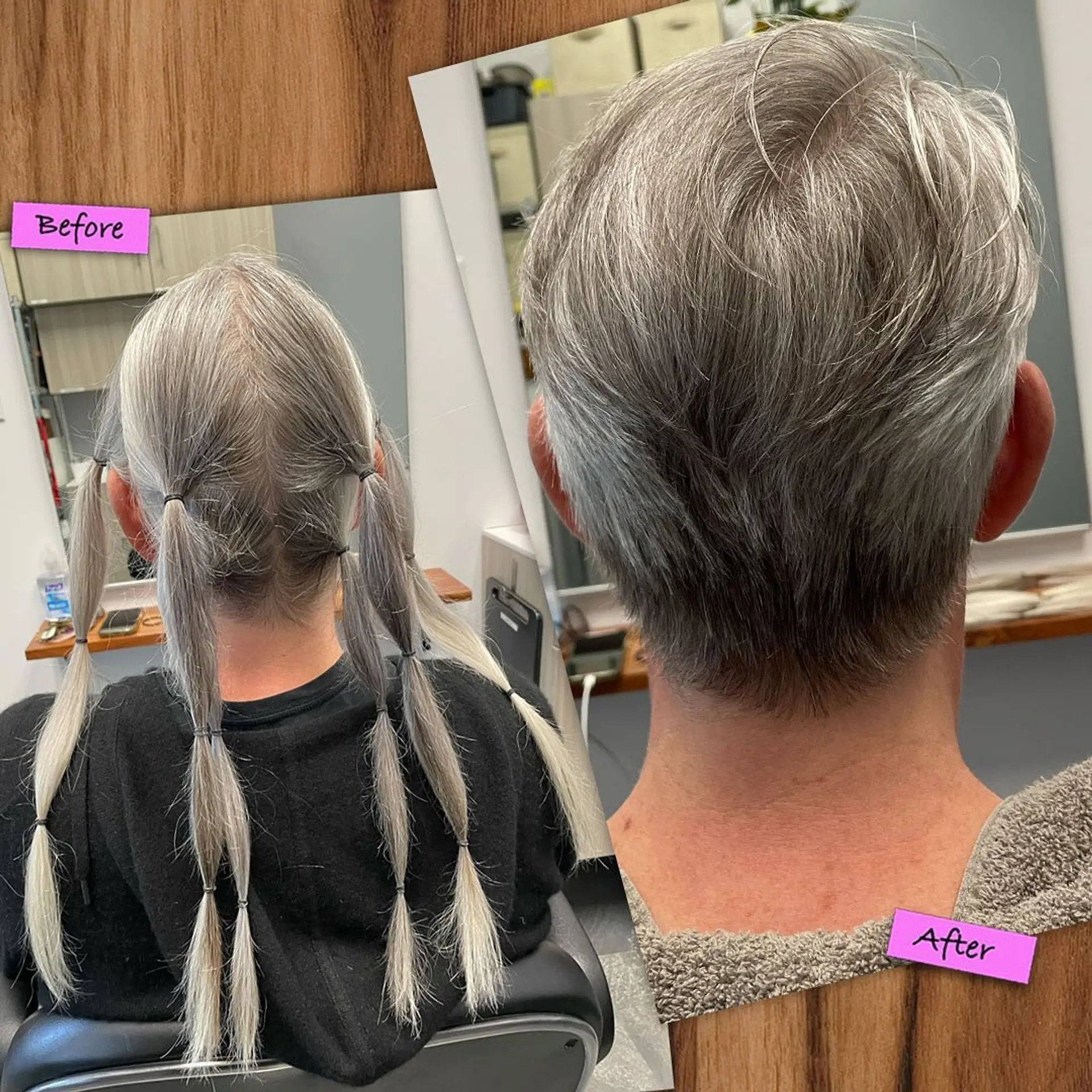 A cropped, textured short pixie haircut tapered cleanly at the nape with natural grey tones. 1
