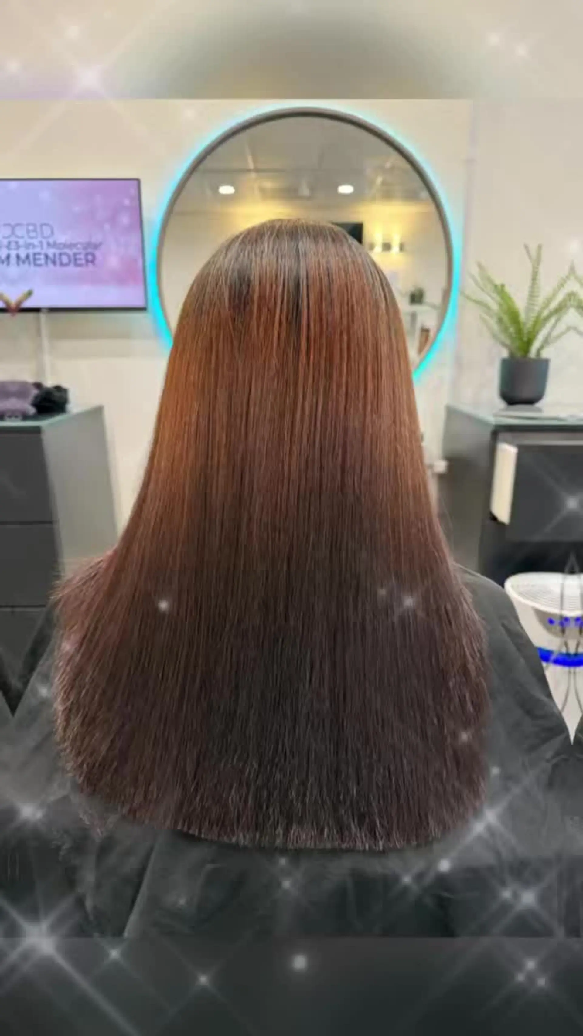Ultra-sleek, pin-straight long hair with a glossy finish and a smooth, blunt cut. 1