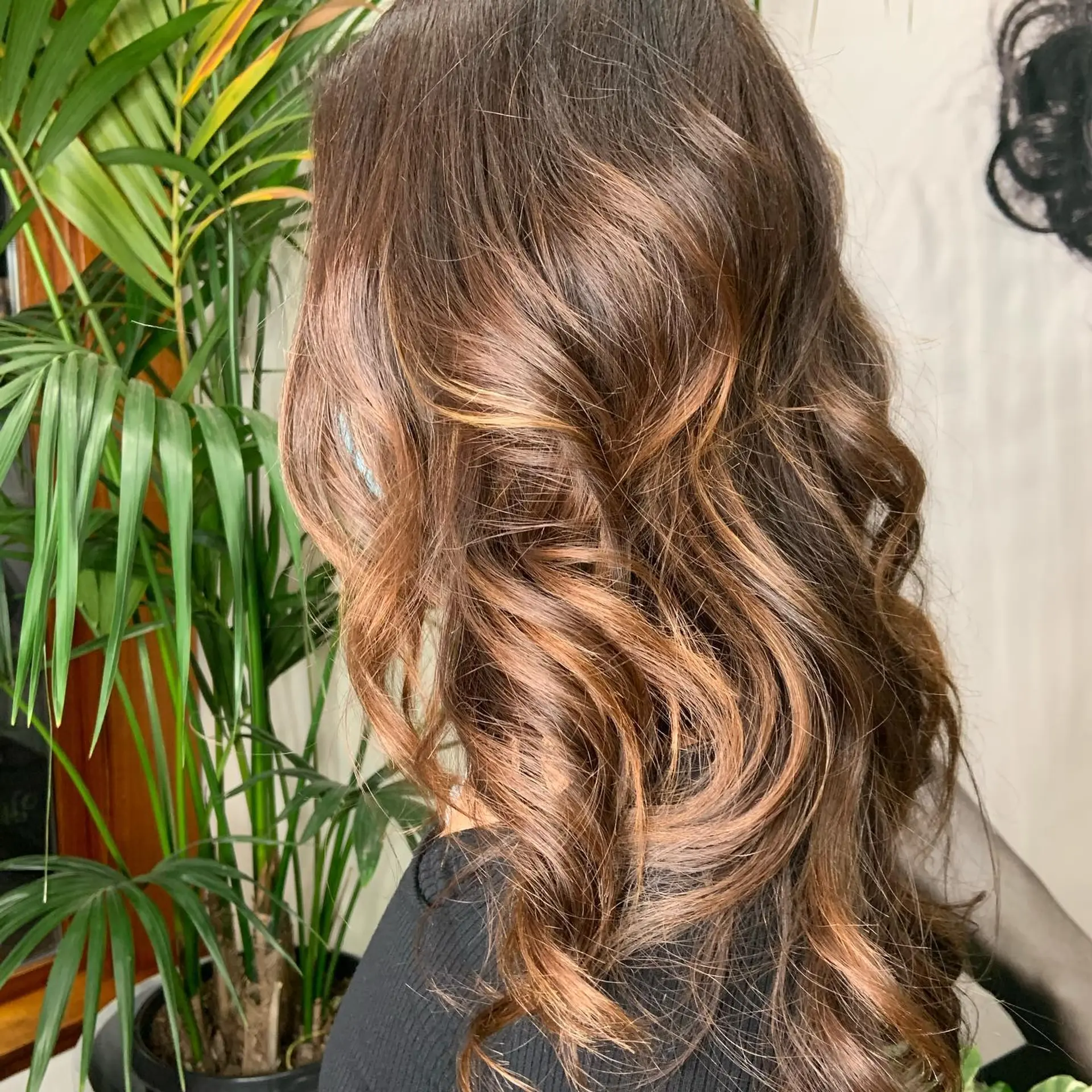 Long chocolate brown hair featuring warm honey and caramel highlights styled into loose waves. 1