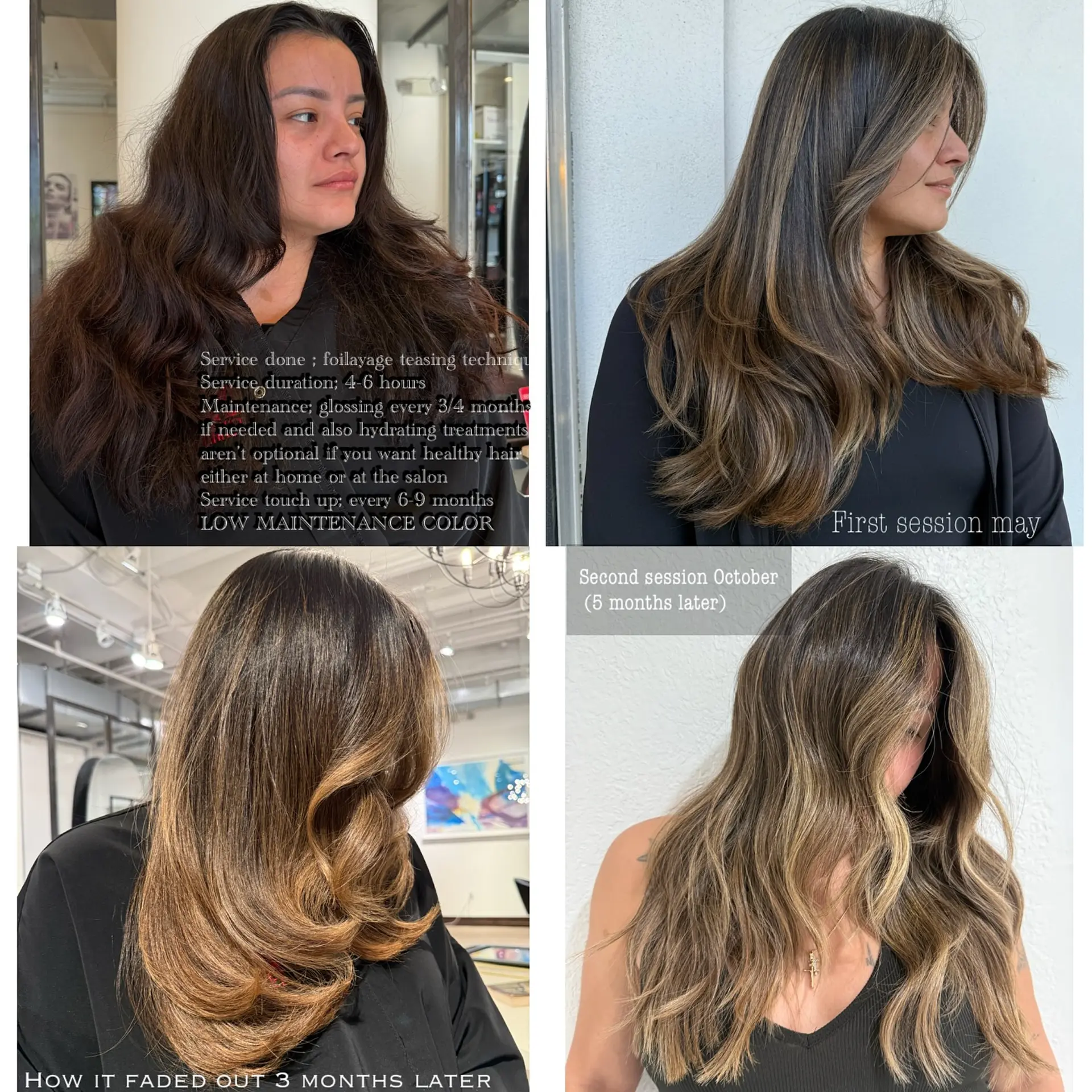 Long dimensional brunette hair styled with soft, voluminous waves and blended caramel-beige foilyage highlights. 1