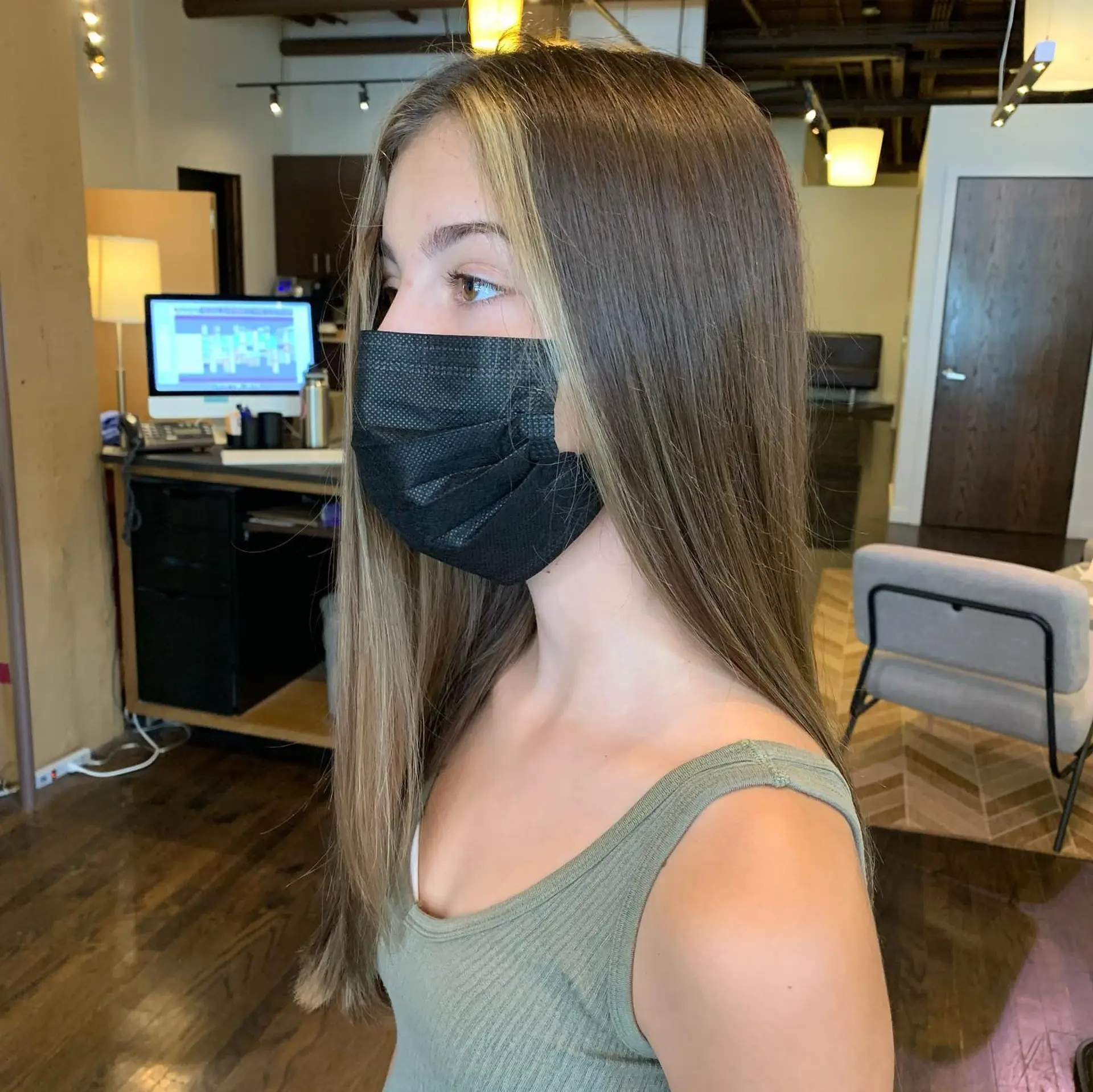 Long straight hair with face-framing blonde highlights and subtle layers. 1