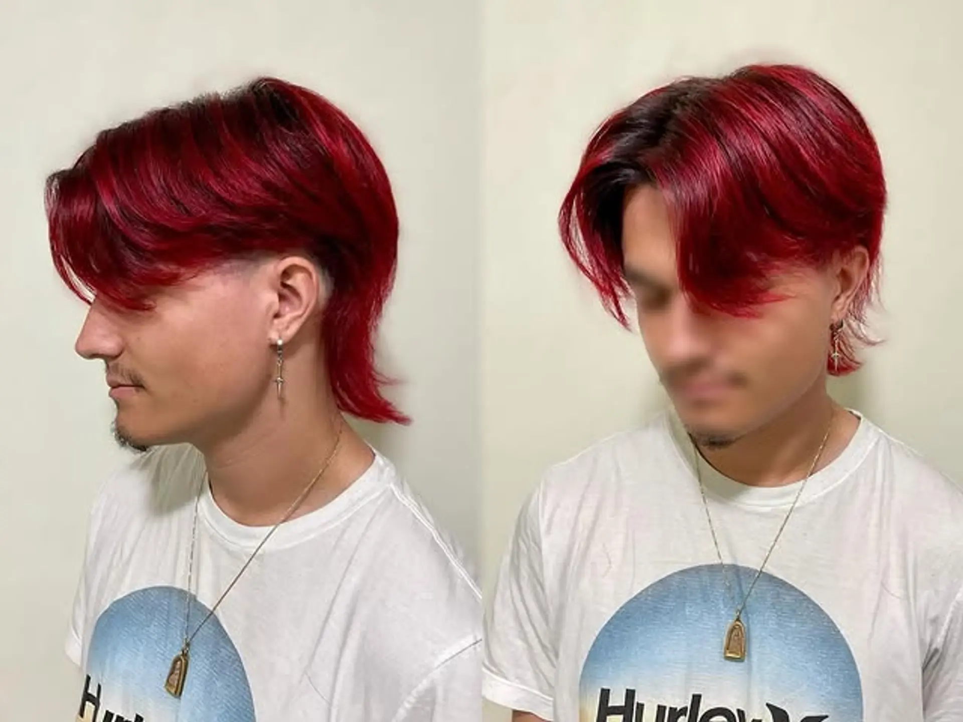 A modern mullet with an undercut and bold red color. 1
