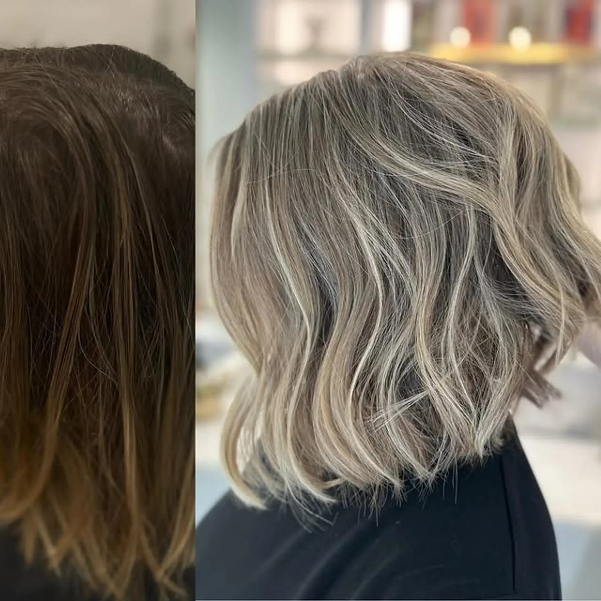 A stylish wavy bob with layers and a subtle shadow root. 1