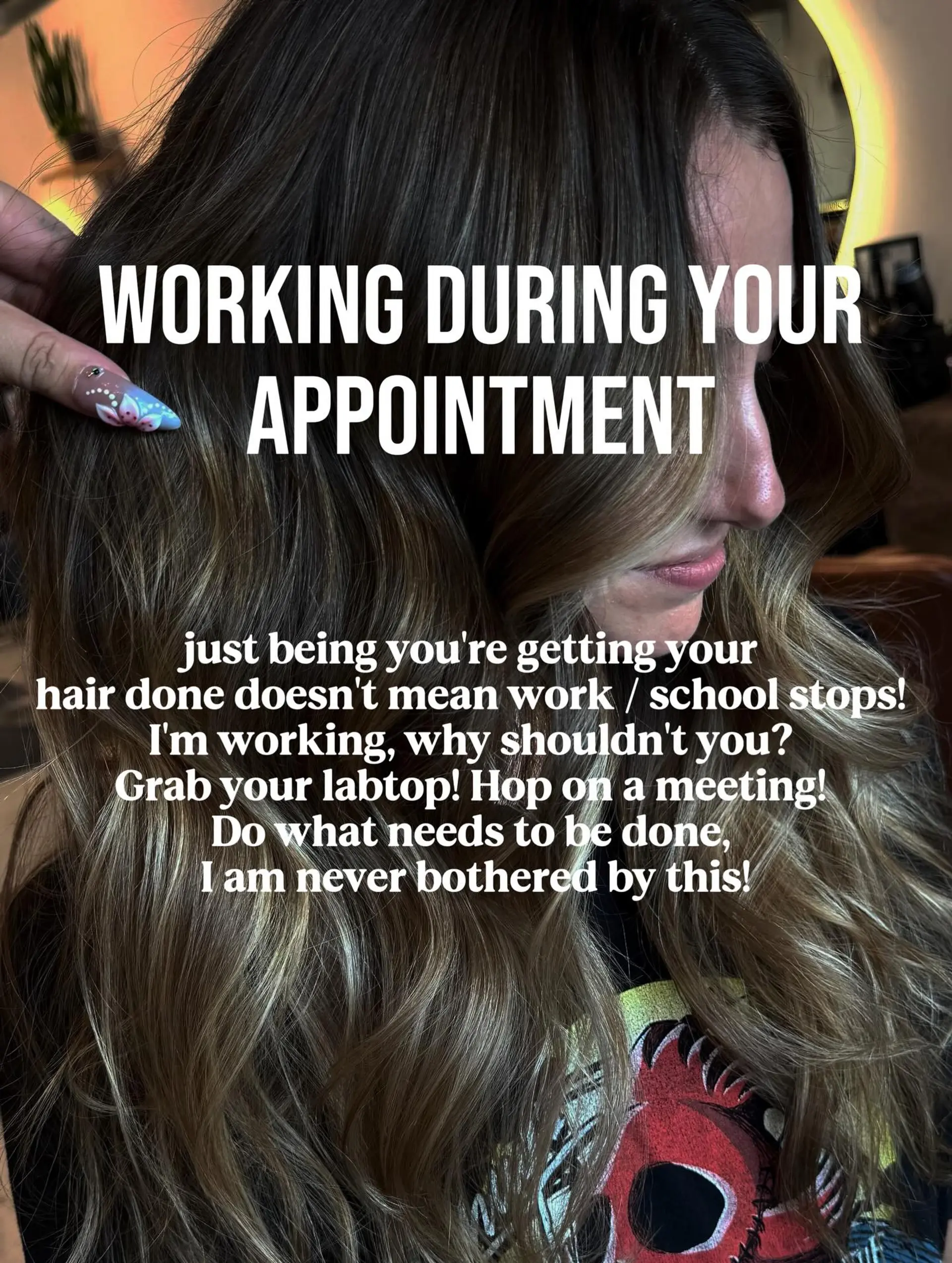 Long dimensional brunette hair styled in loose, textured waves with caramel and blonde balayage highlights. 1
