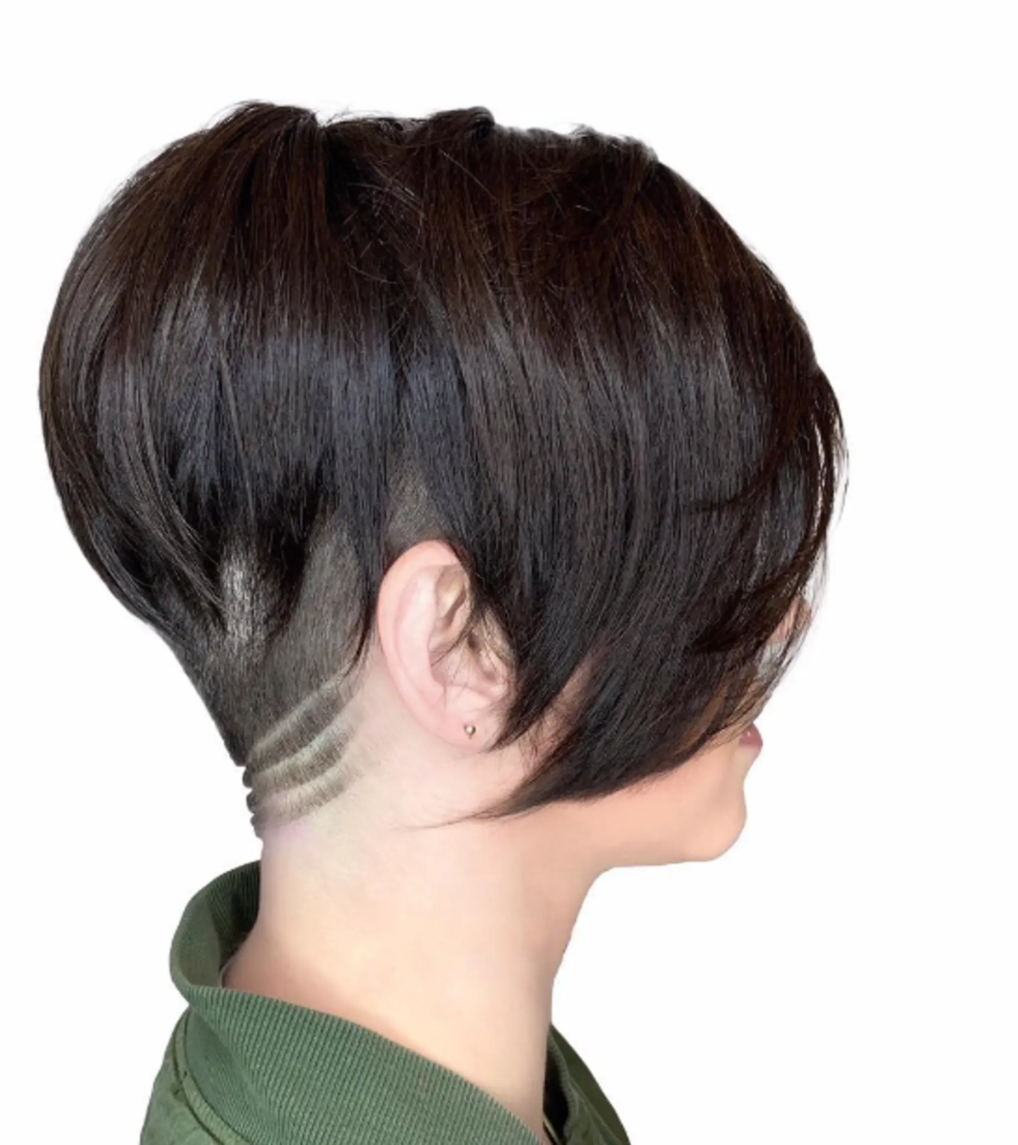 A modern short pixie bob with an undercut and geometric design.