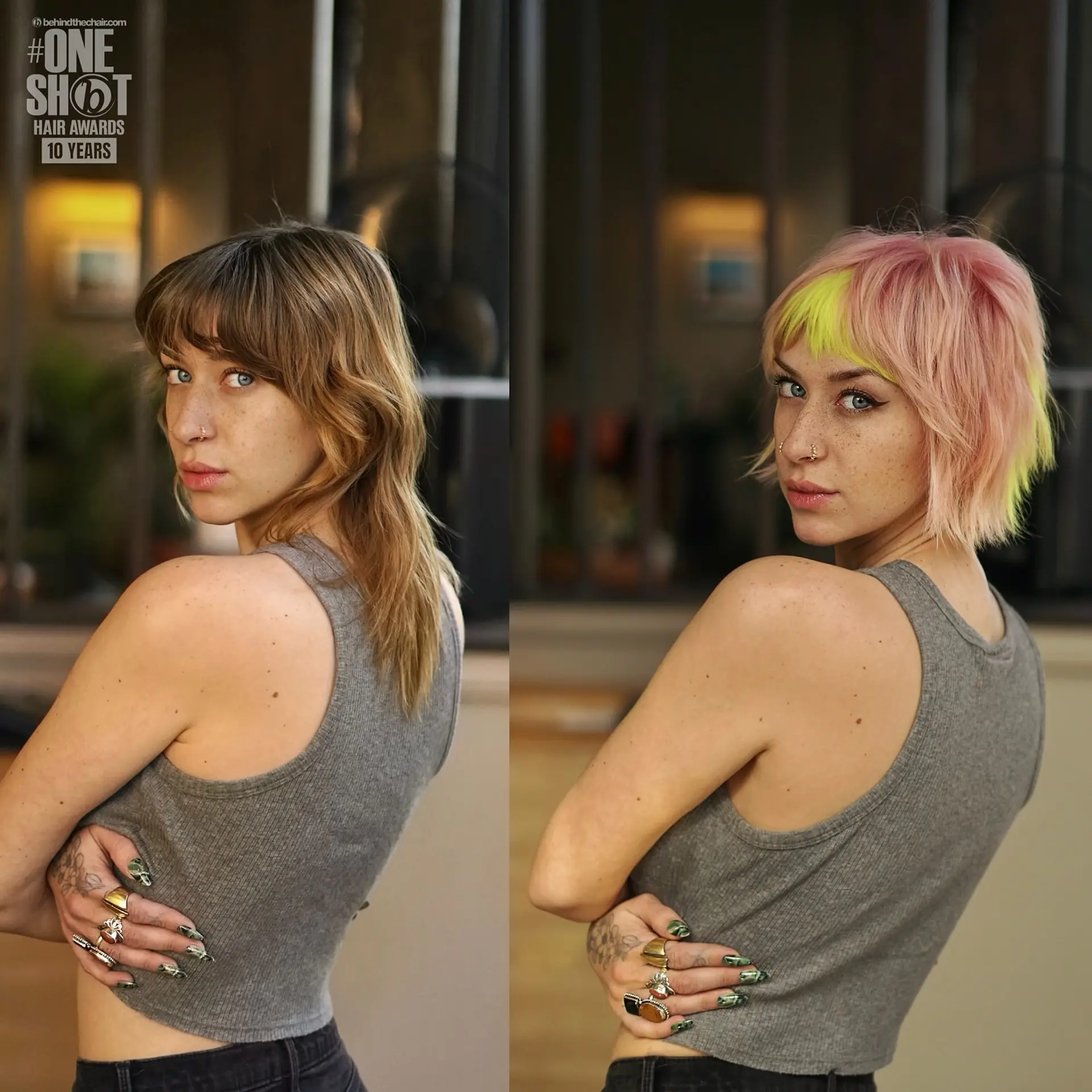 A textured short bixie cut colored in soft pastel pink with a vibrant neon yellow accent on the fringe. 1