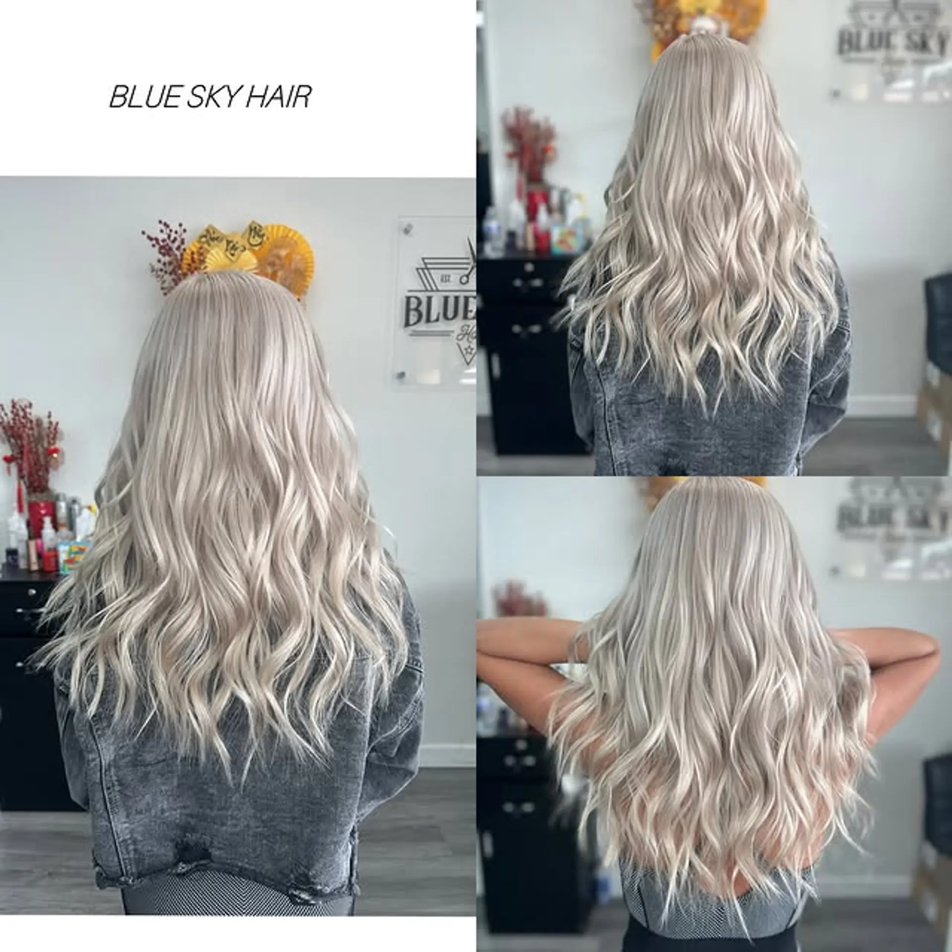 Long, wavy hairstyle with icy blonde and silver tones. 1