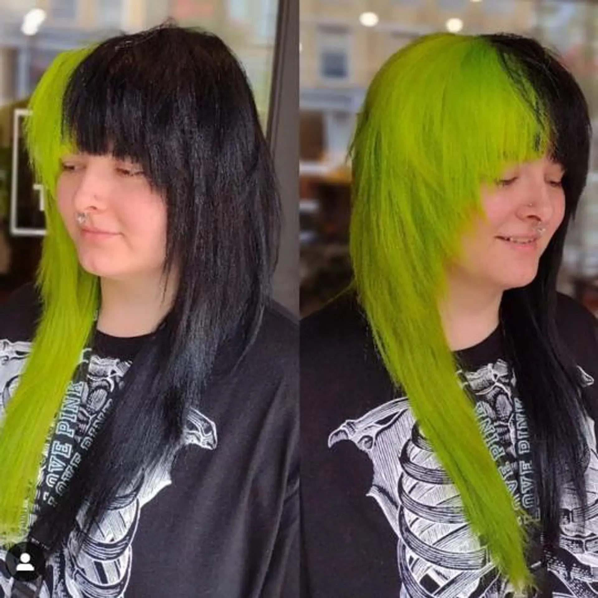 A bold split-dye shag cut featuring vibrant neon lime green on one side and deep black on the other, styled with full bangs and choppy face-framing layers. 1