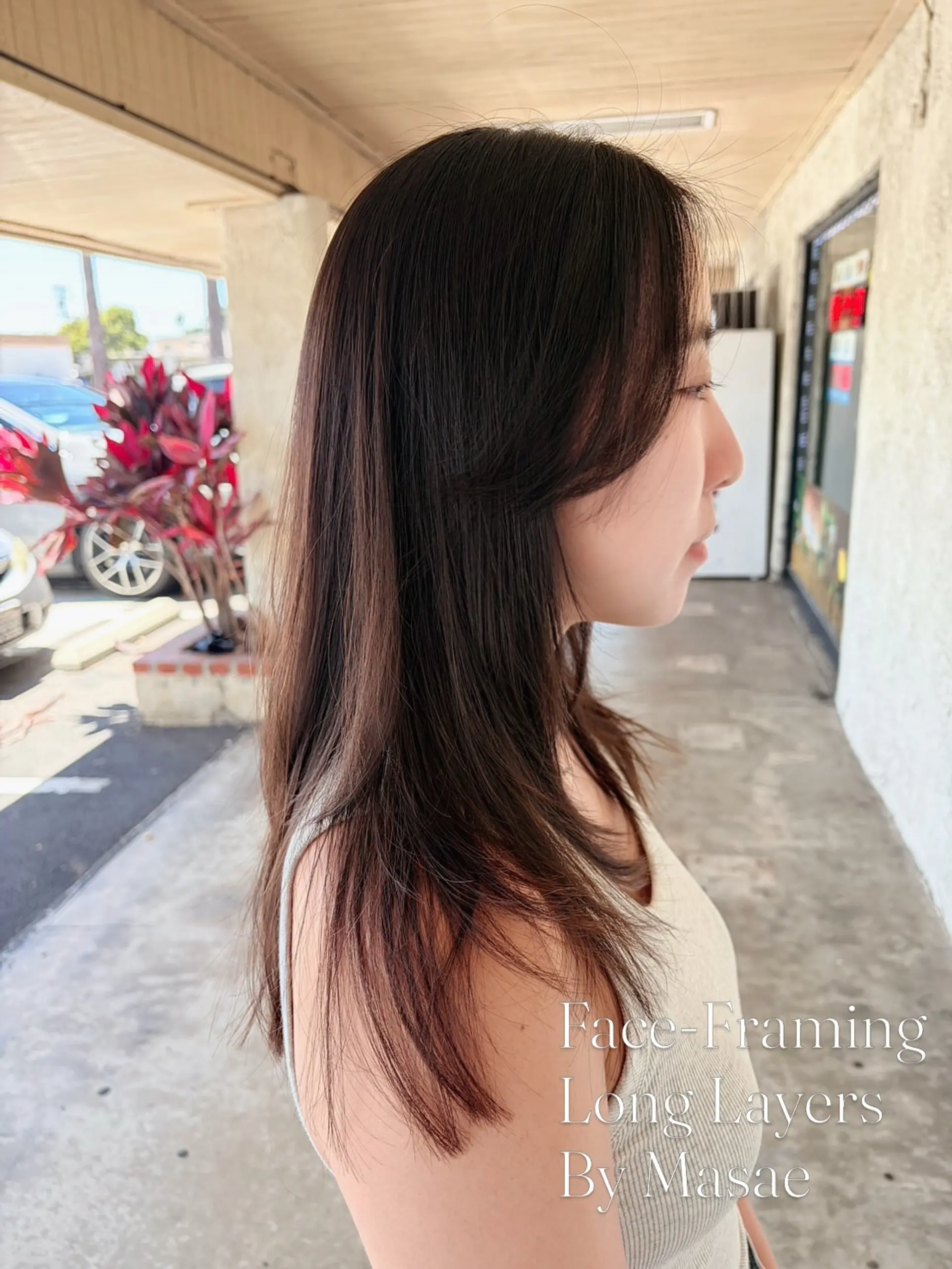 Long dark brown straight hair featuring soft face-framing layers and feathered ends. 1
