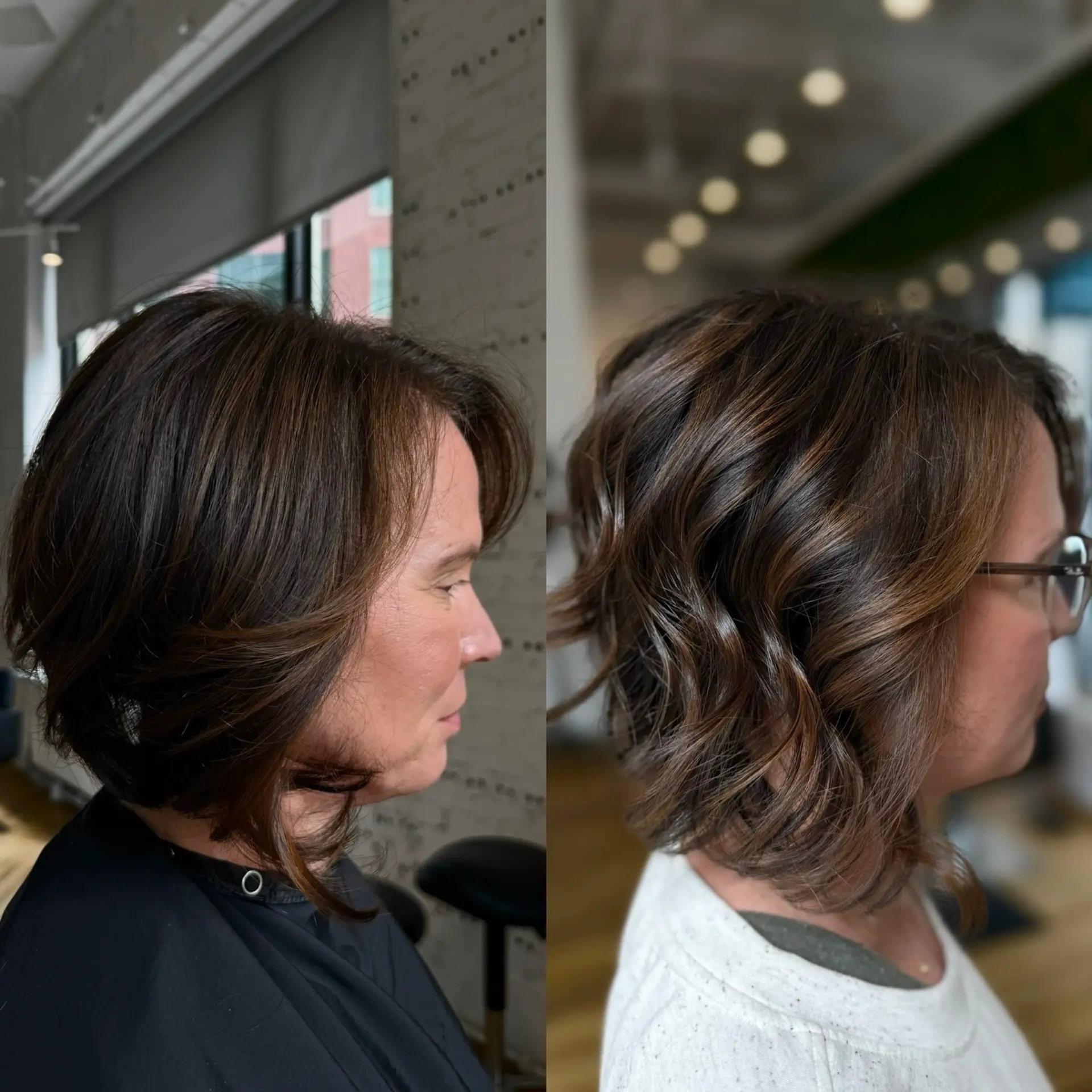 A short brunette bob shown smooth and straight on the left, and styled in loose textured waves on the right. 1