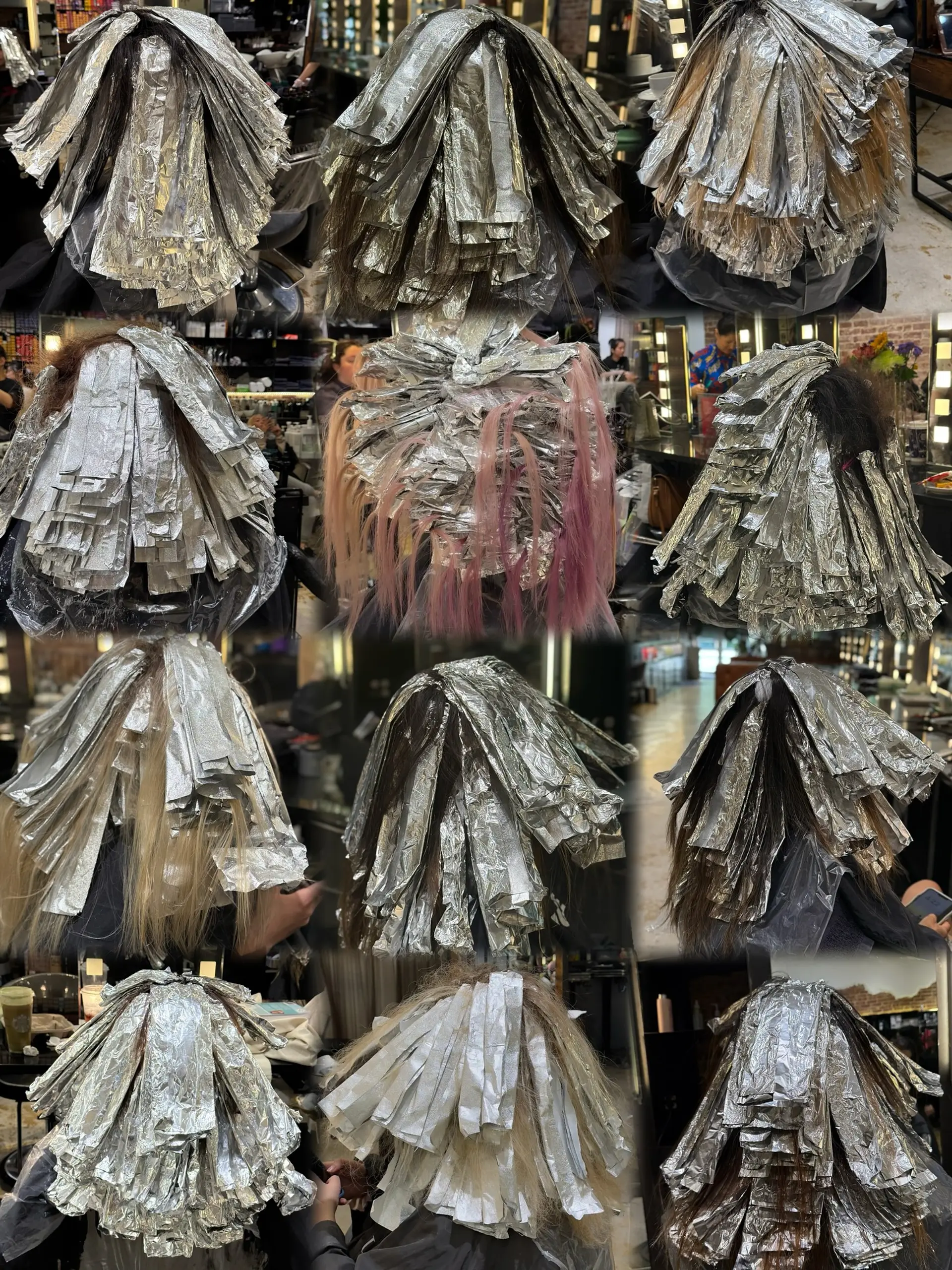 A collage showcasing various foil application techniques including foilayage and highlights. 1