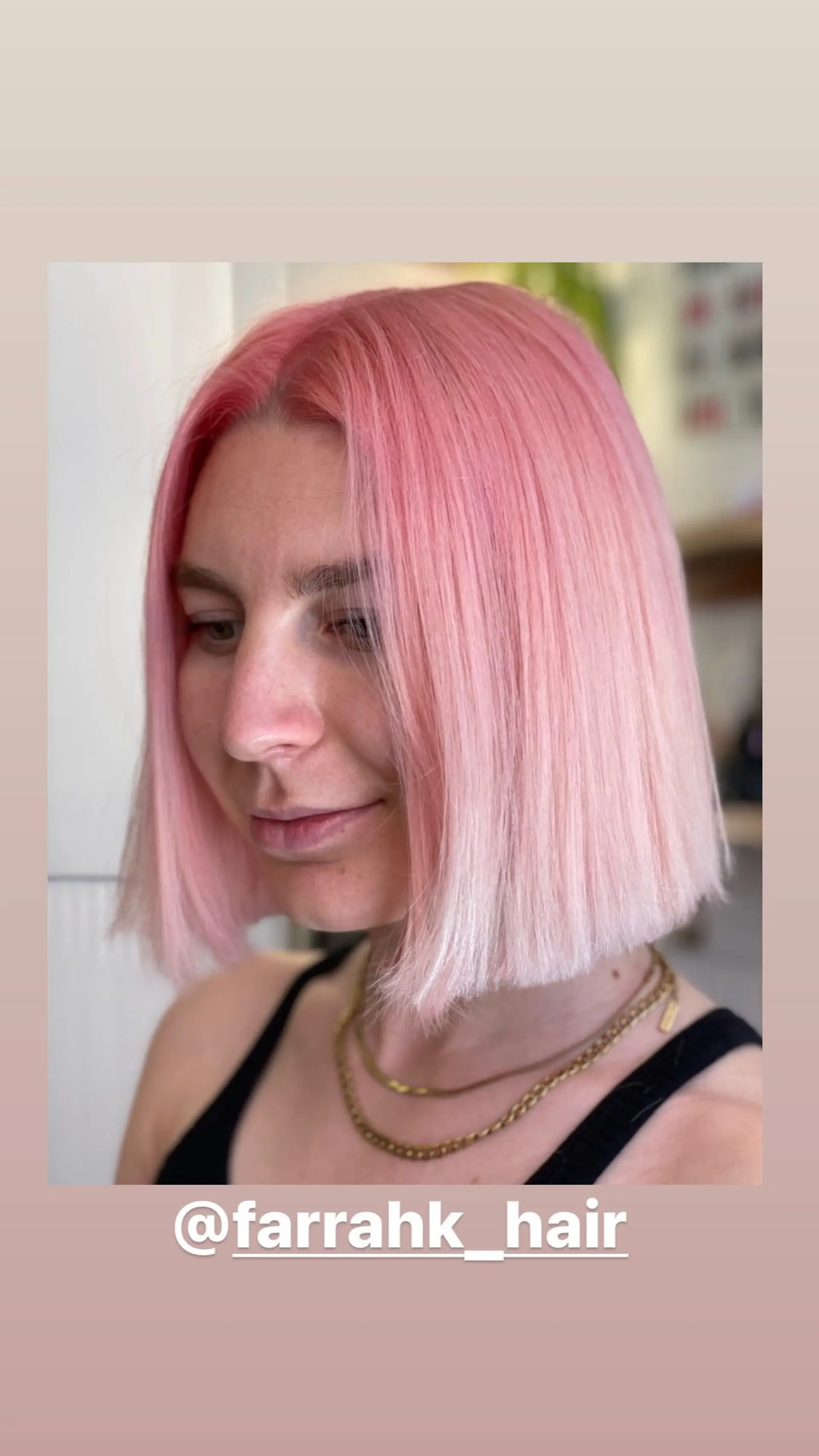 A straight, medium-length blunt bob haircut with a vibrant pink color. 1