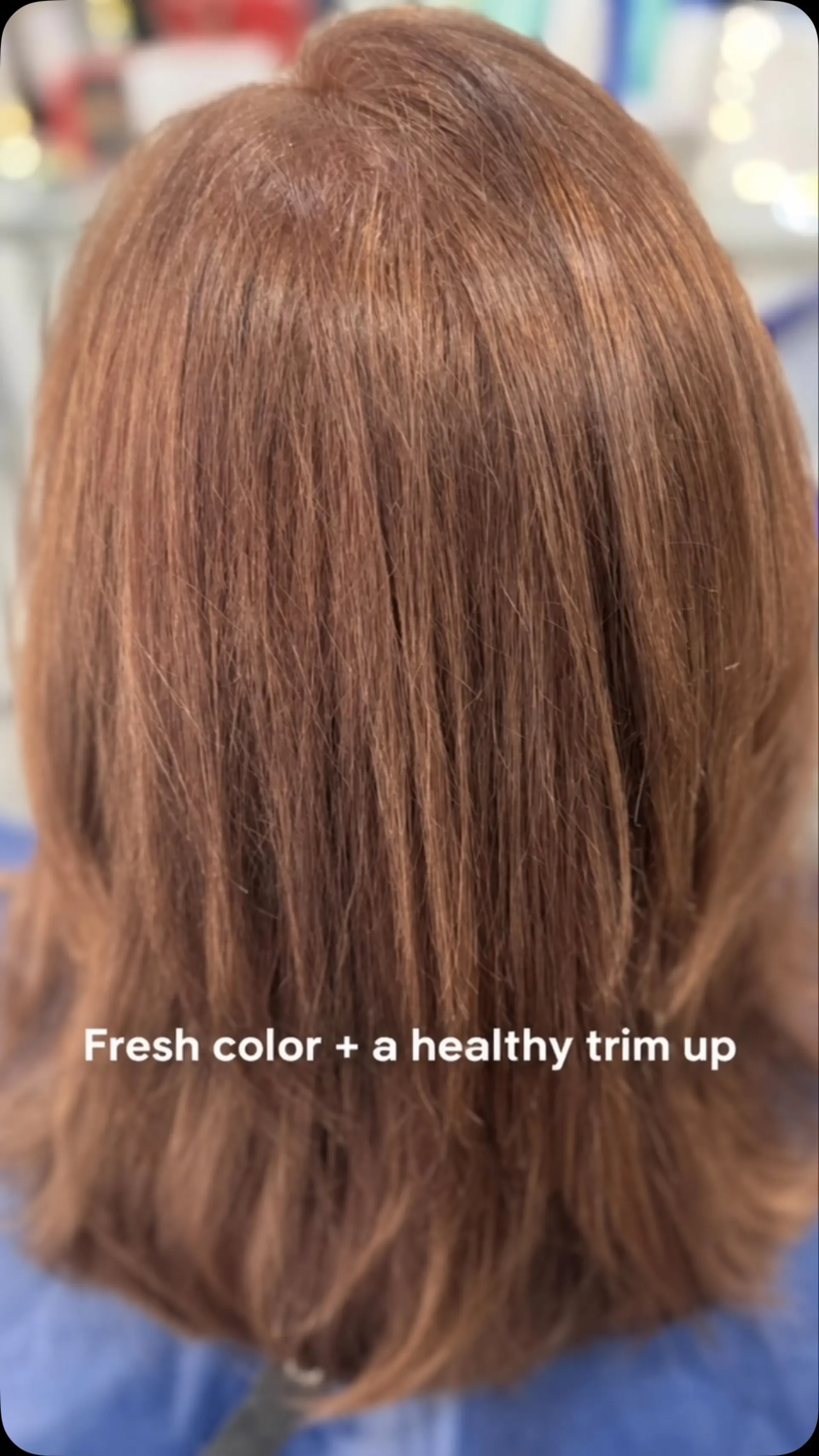Shoulder-length textured layered cut with a rich, glossy warm chestnut brown all-over color. 1