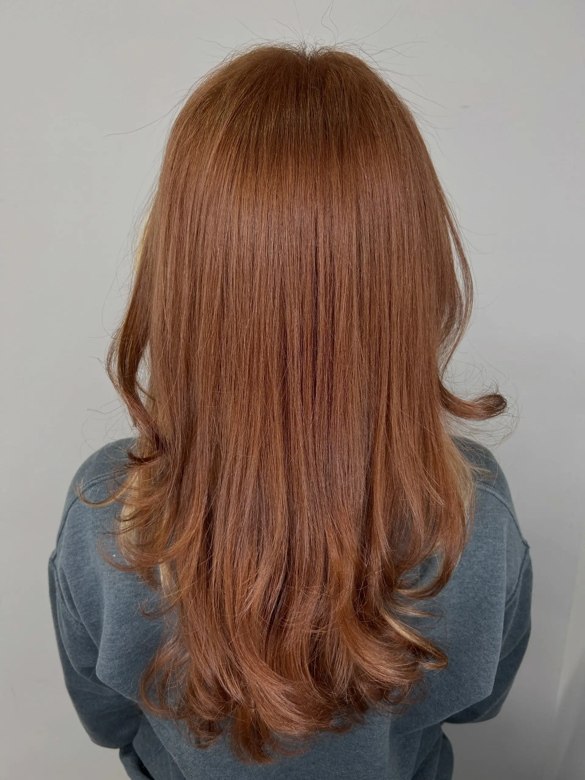 Long warm auburn hair styled smooth with curled ends and subtle blonde peekaboo highlights peeking out beneath. 1