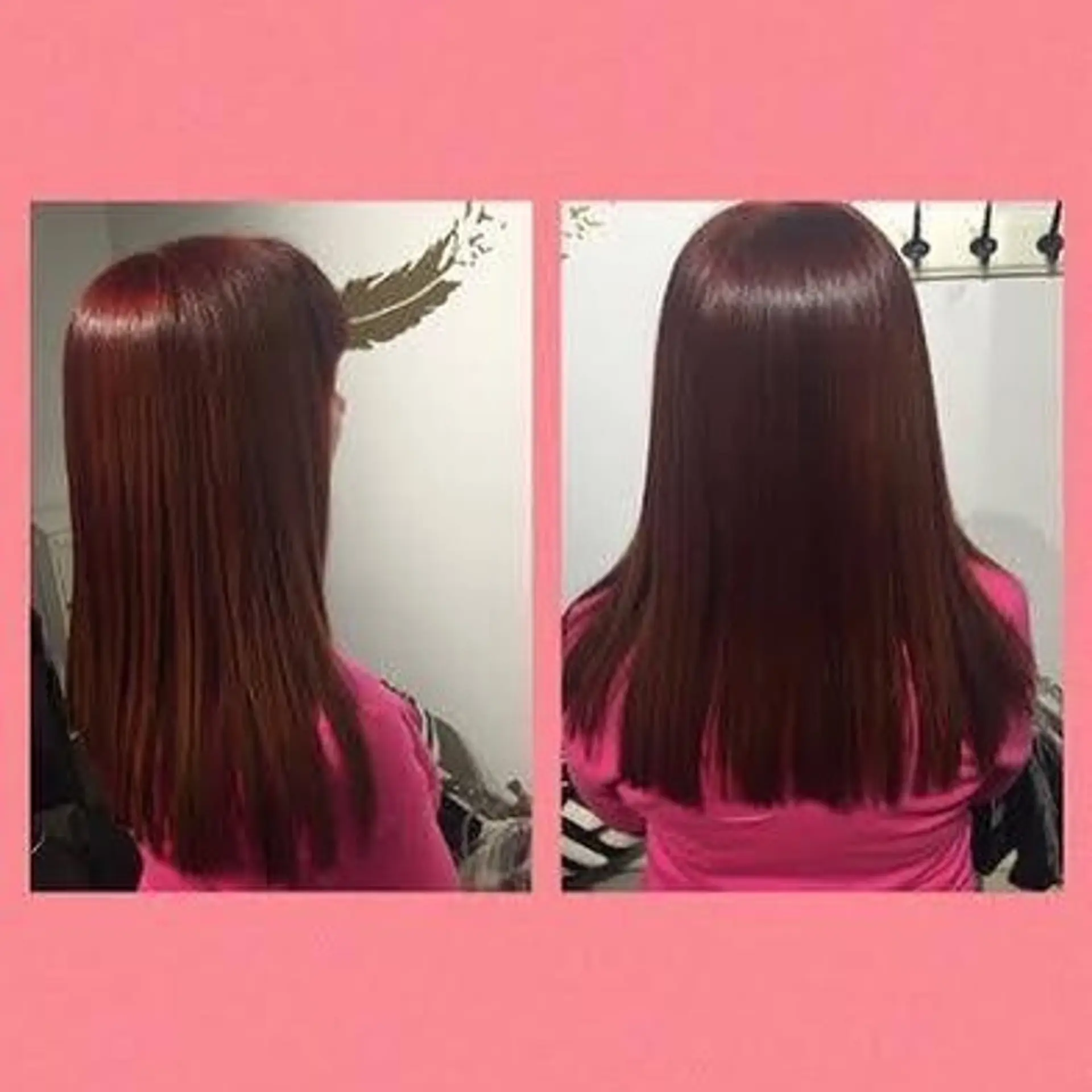 Medium-to-long, pin-straight red hair with a high-shine, ultra-smooth keratin finish. 1