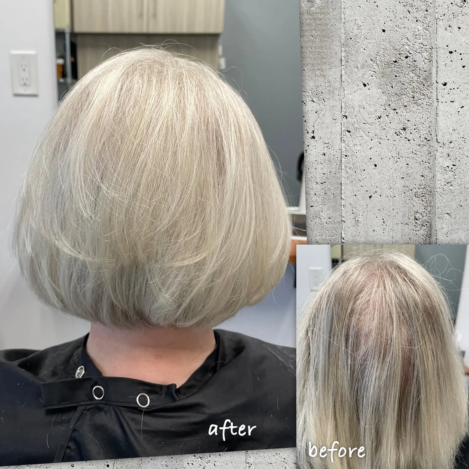 A sleek, rounded platinum blonde bob cut with beveled ends and voluminous layering. 1