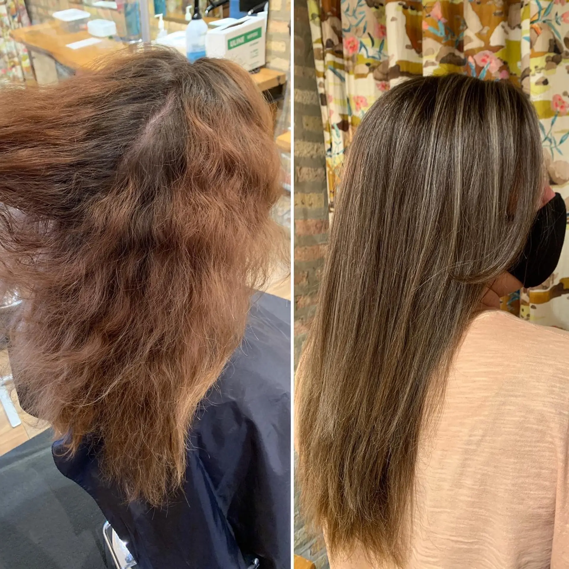 Long, straight brown hair with silver highlights and face-framing layers. 1