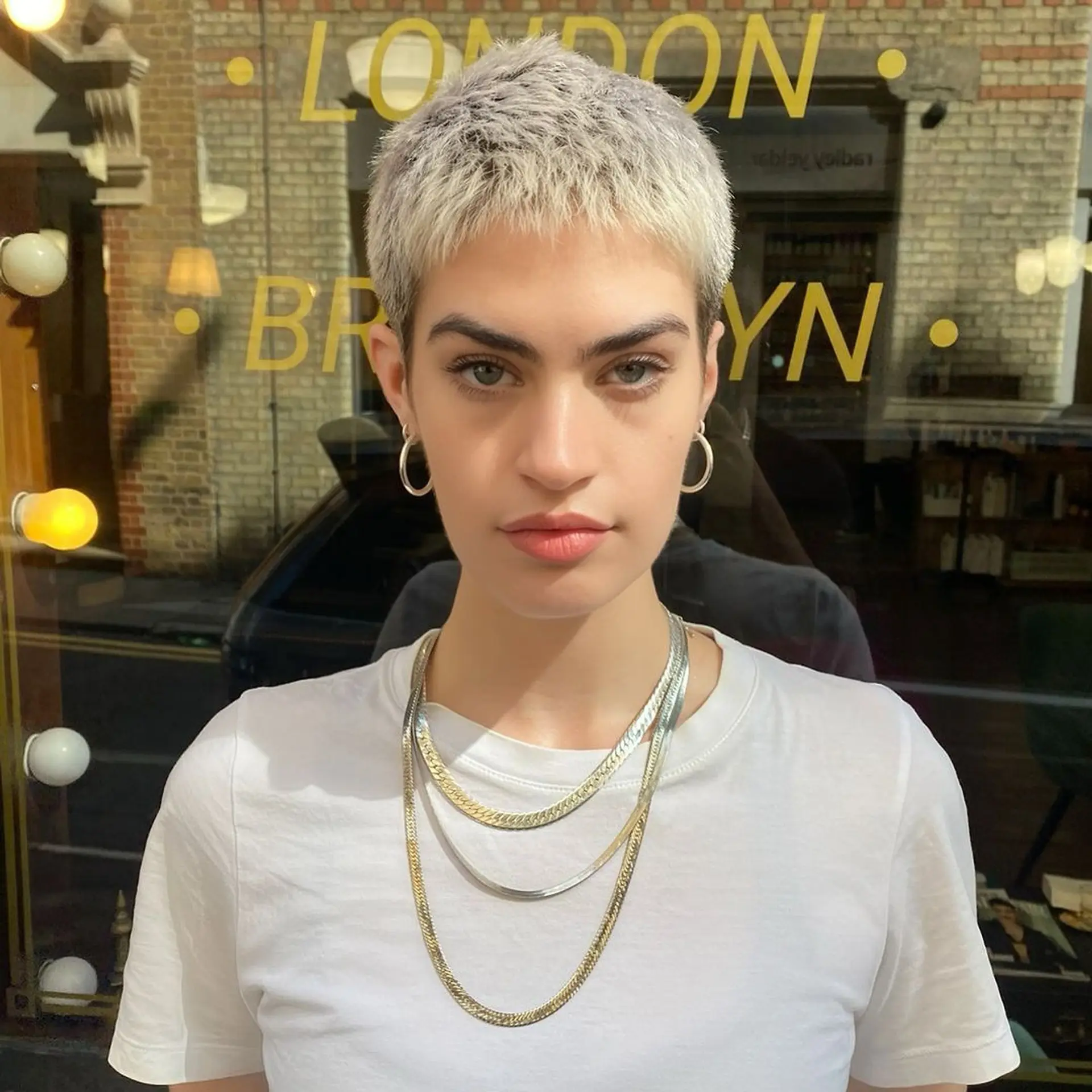 A chic, very short, straight platinum blonde pixie cut with textured layers for a sleek and modern appearance. 1