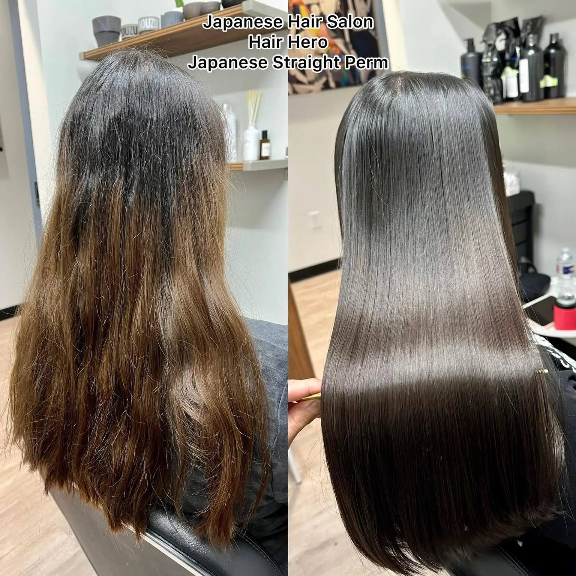 Ultra-sleek, glossy, pin-straight long dark hair after a Japanese straightening treatment. 1