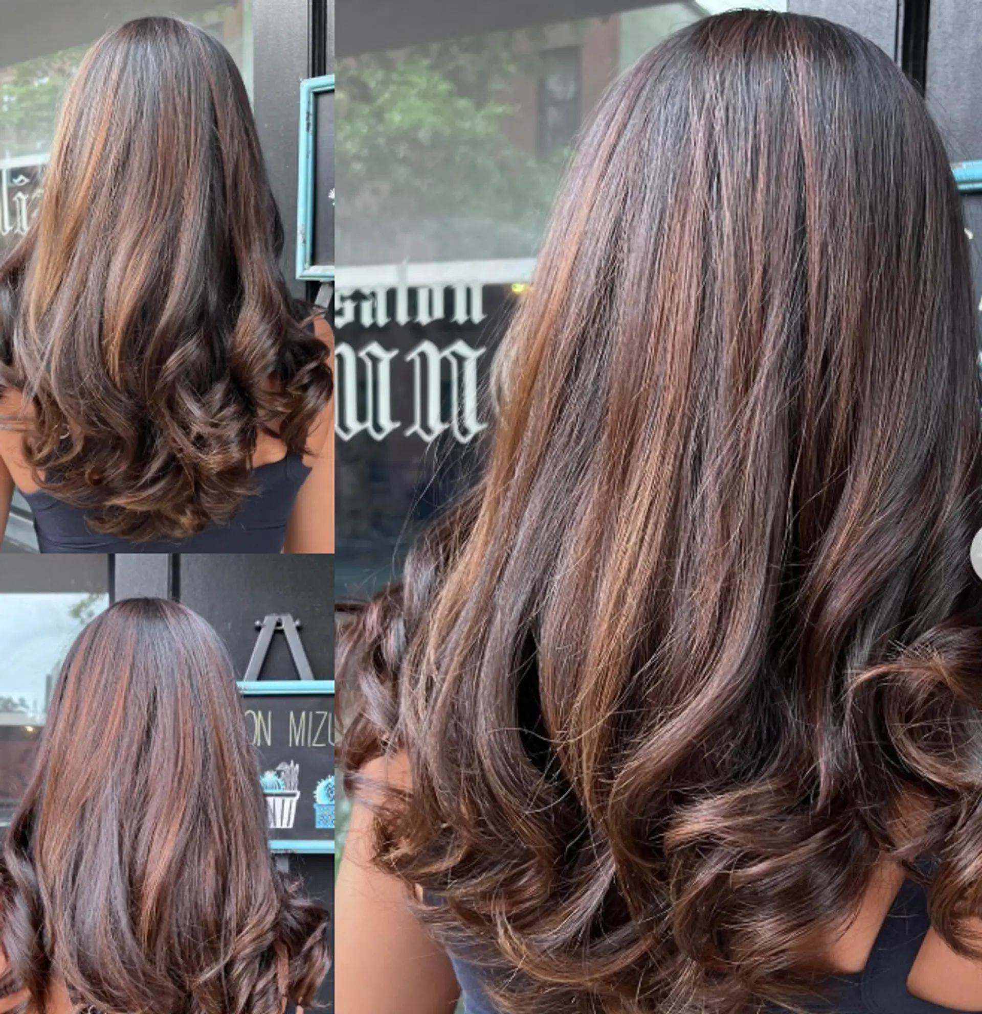 Long wavy hair with caramel ribbon highlights. 1