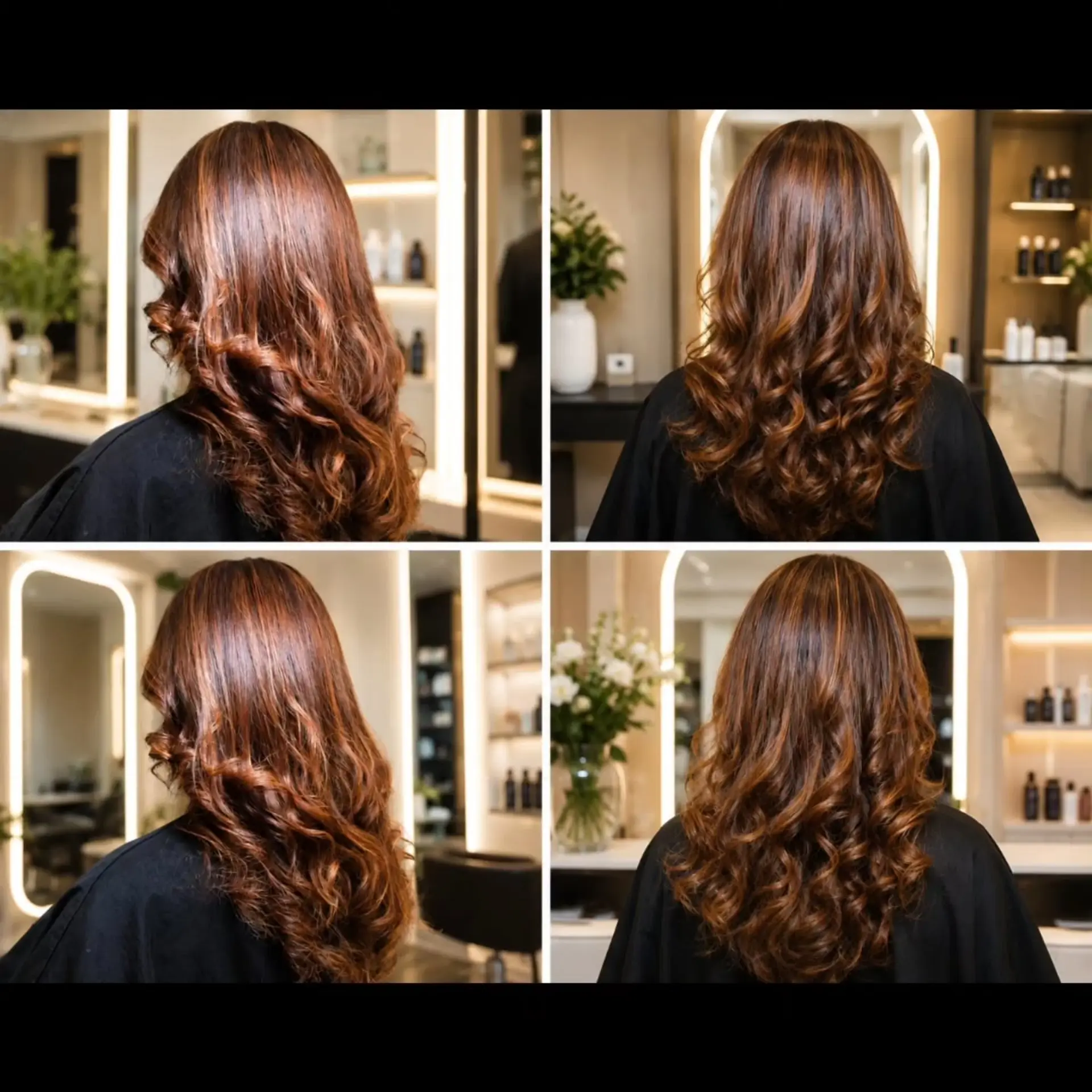 Long warm auburn brown hair with dimensional highlights styled in defined soft curls at the ends. 1