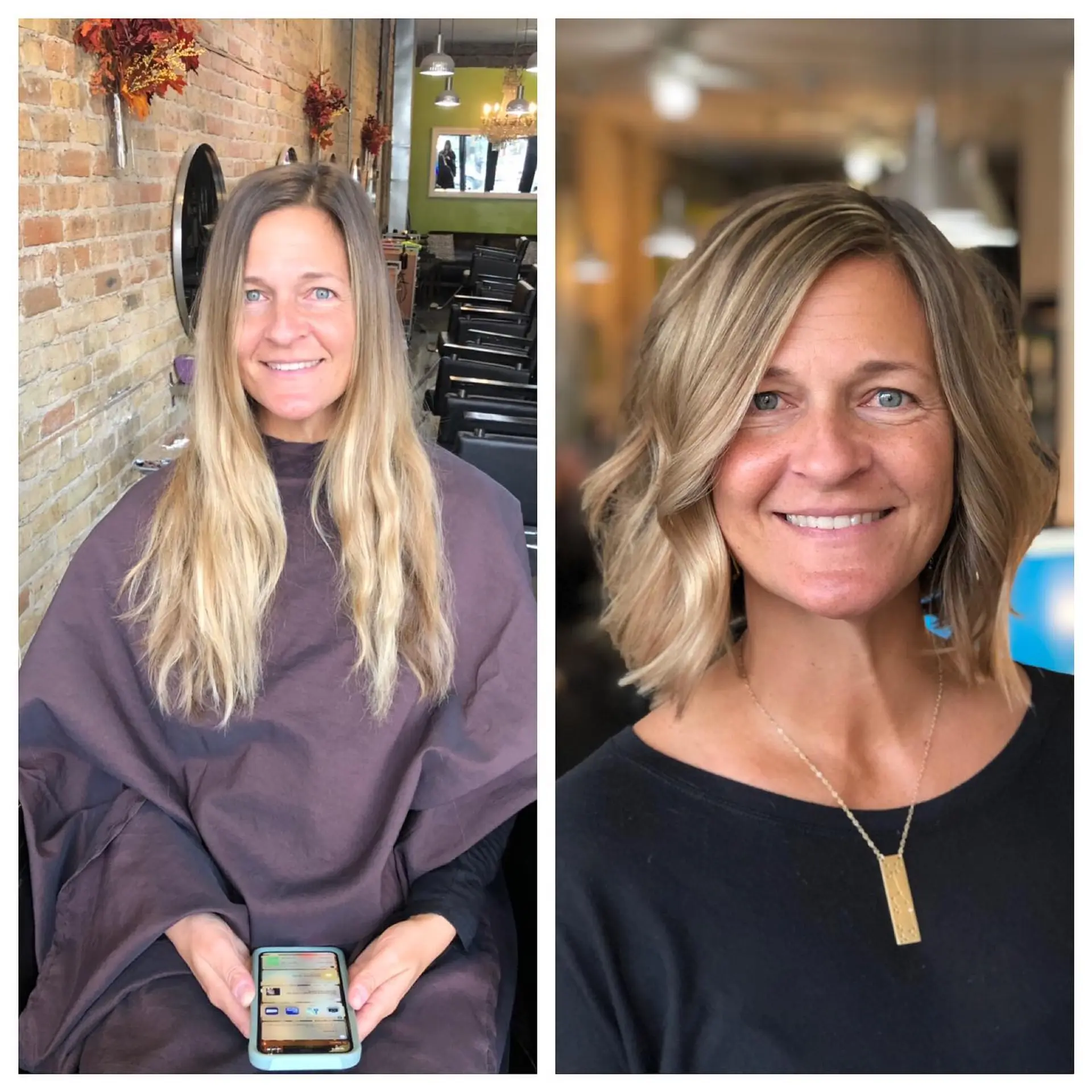 A textured shoulder-length lob with soft blonde highlights styled into loose, beachy waves. 1