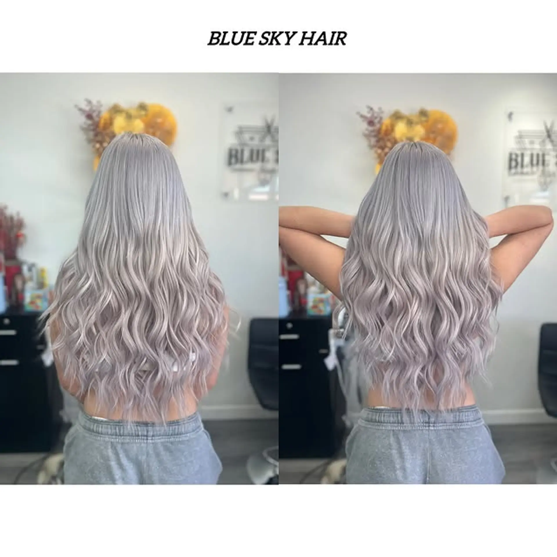 Long, wavy hair styled in a trendy platinum silver with icy blonde tones. 1