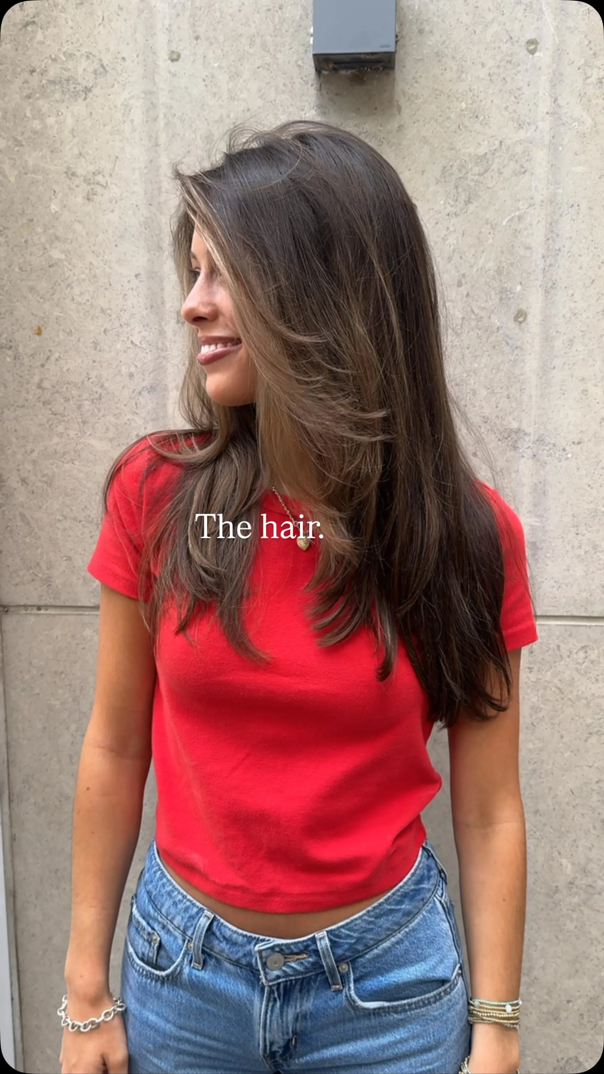 Long brown hair cut with soft, face-framing layers and styled with a voluminous blowout. 1