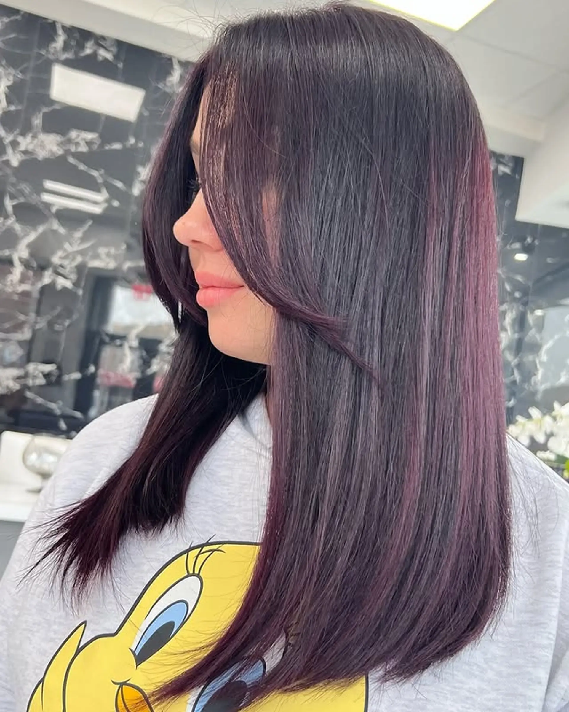 A long, layered hairstyle with face-framing layers and a glossy finish. 1