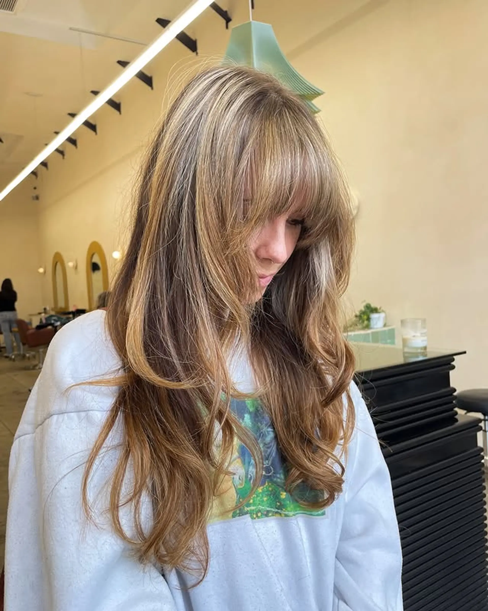 Long, layered hairstyle with face-framing layers and curtain bangs. 1