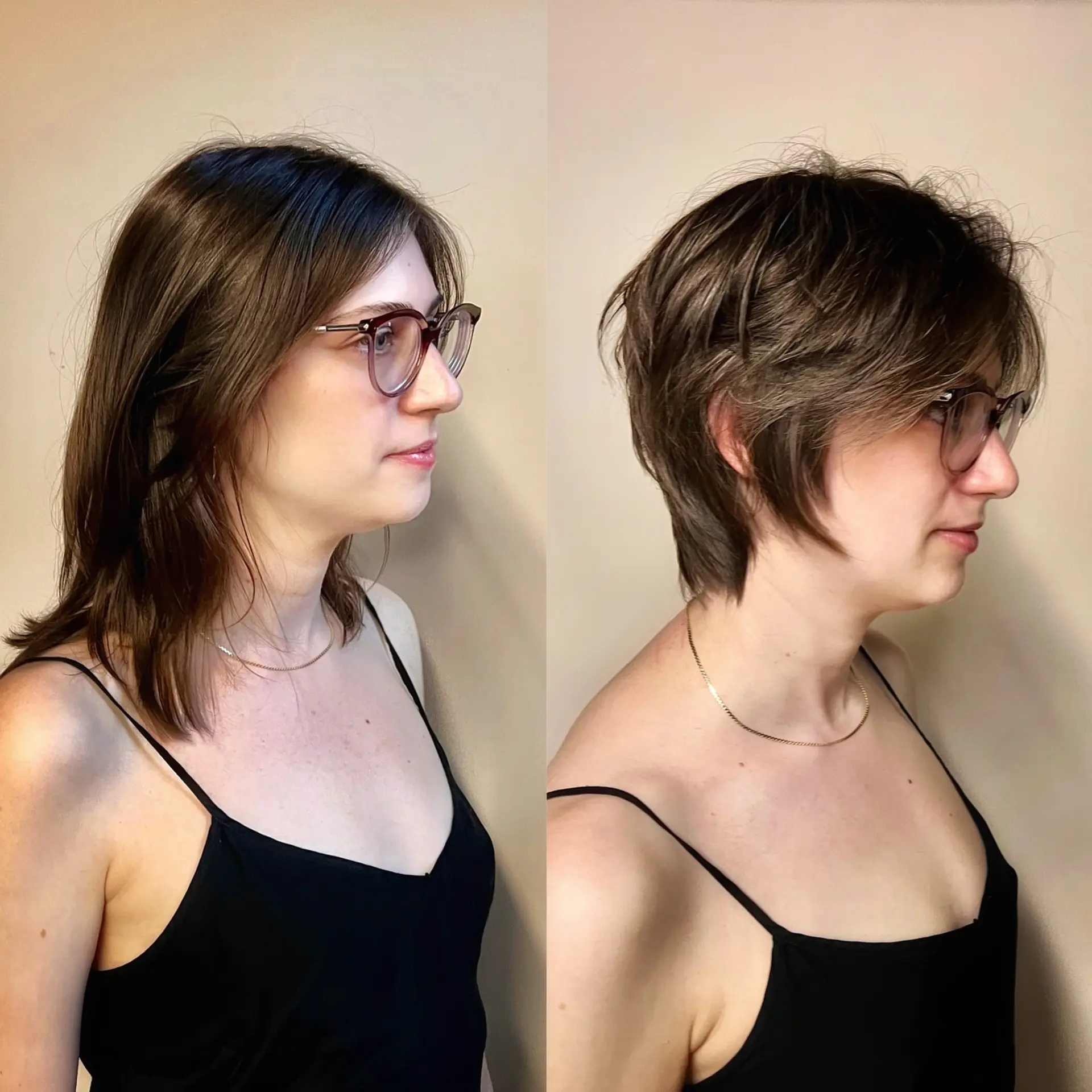 A textured bixie haircut featuring feathered layers, soft face-framing pieces, and tapered volume at the crown. 1