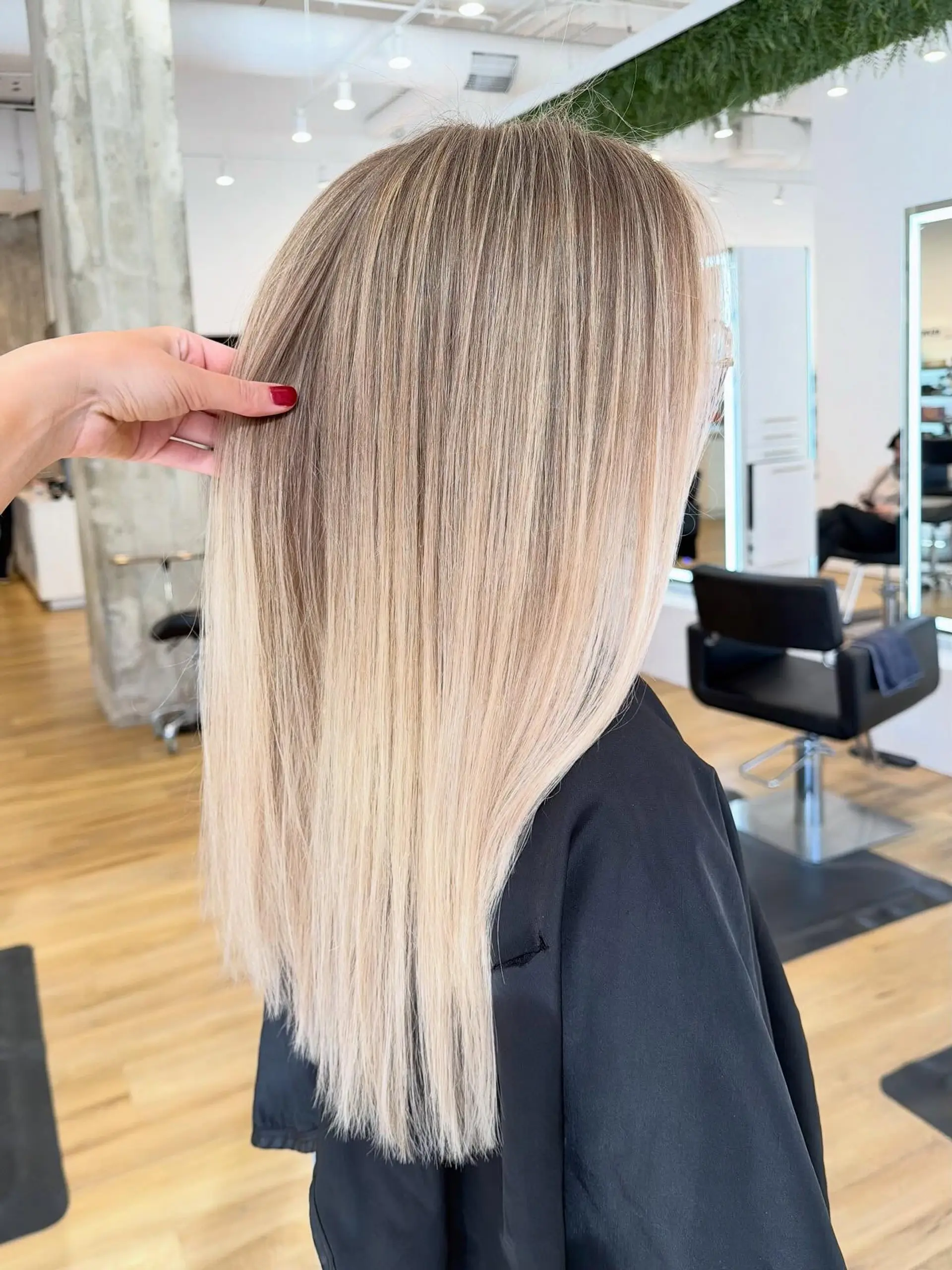 Long straight hair with bright blonde highlights and a shadowed root. 1