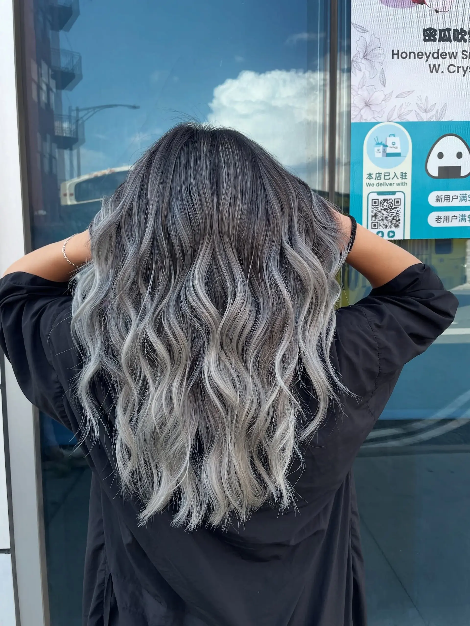 A stunning long wavy style with a dramatic silver ombre. 1
