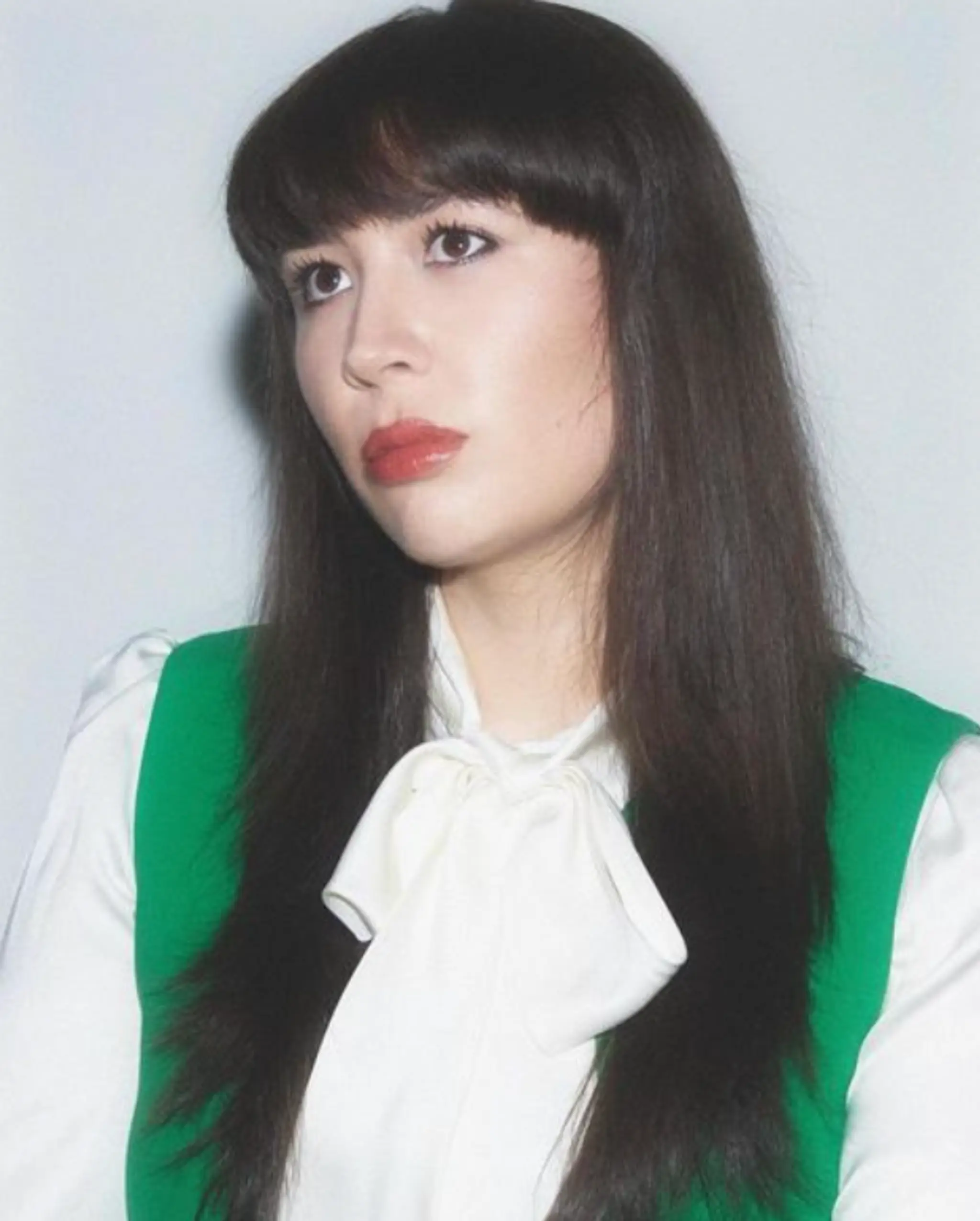 Long, straight dark brown hair with a full fringe and glossy finish, styled in a classic silhouette.