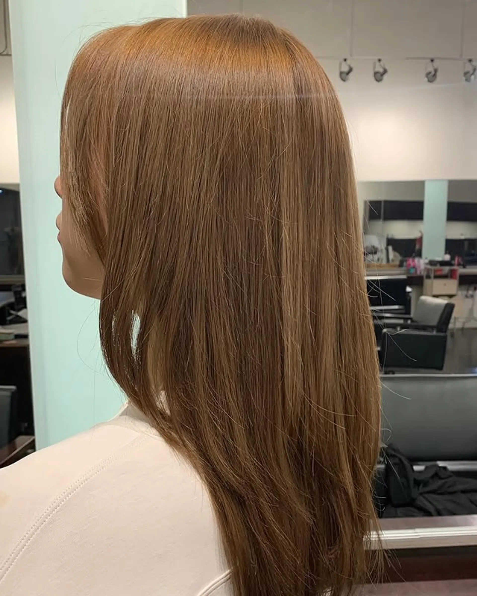 A long, layered hairstyle with face-framing layers. 1