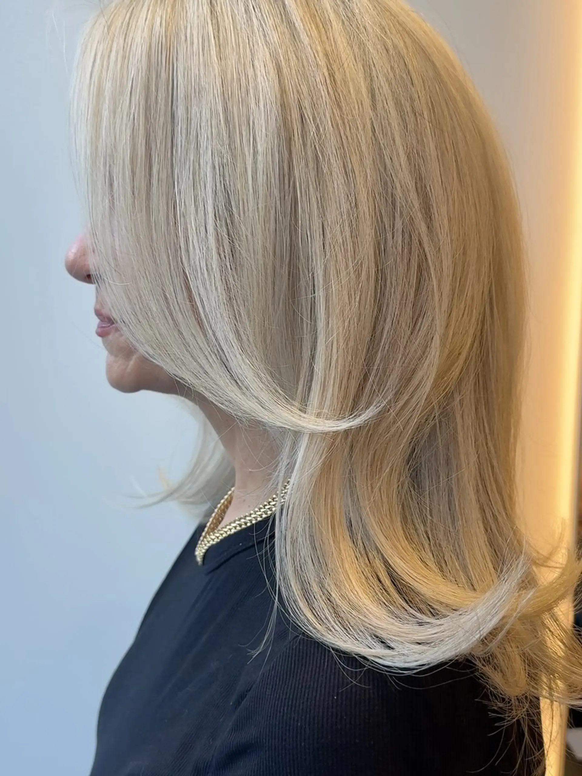 Medium-length cool blonde hair with soft blended highlights and flipped-out face-framing layers. 1