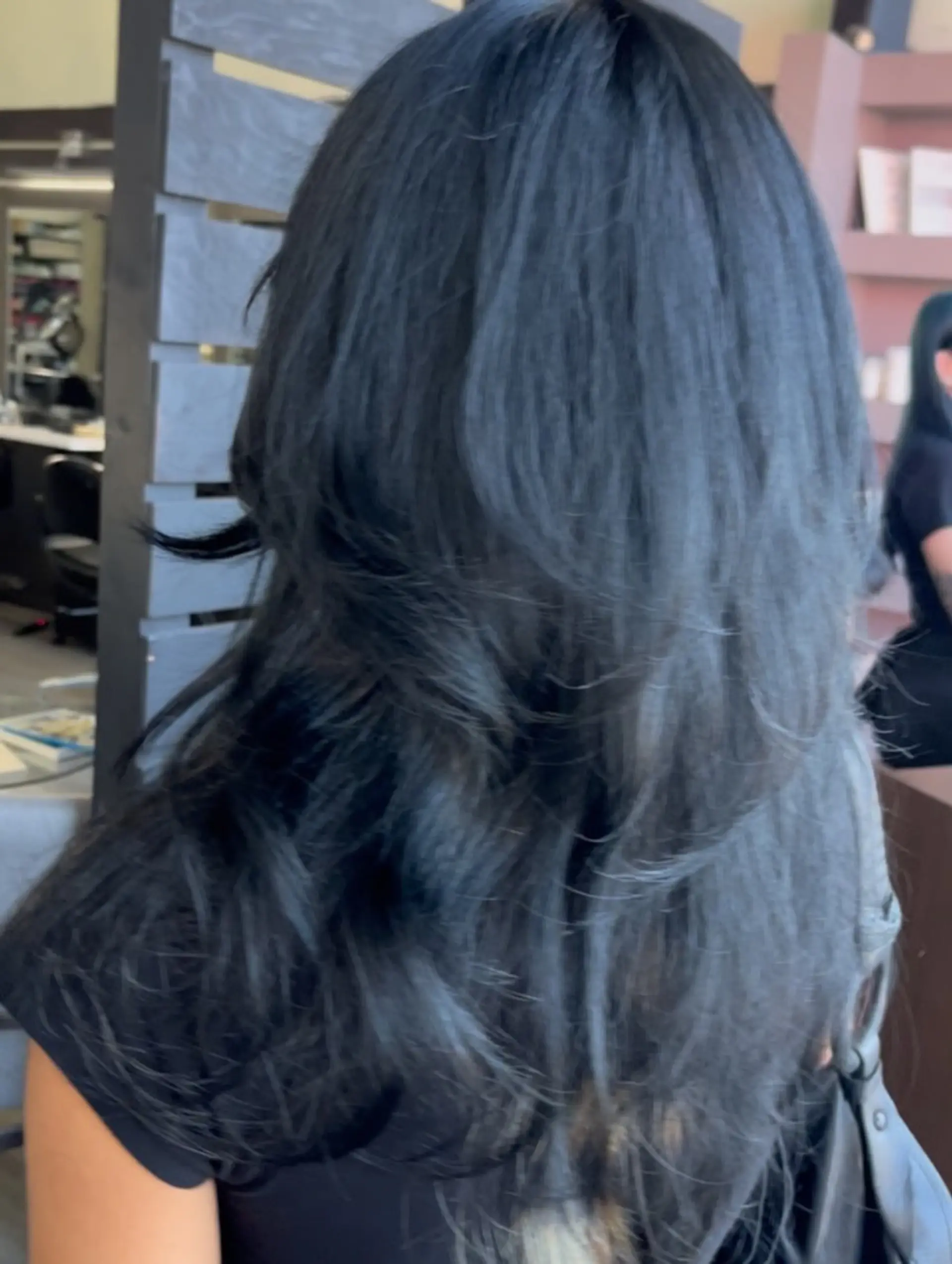 Long jet-black hair with face-framing, cascading feathered layers cut for maximum movement and volume. 1