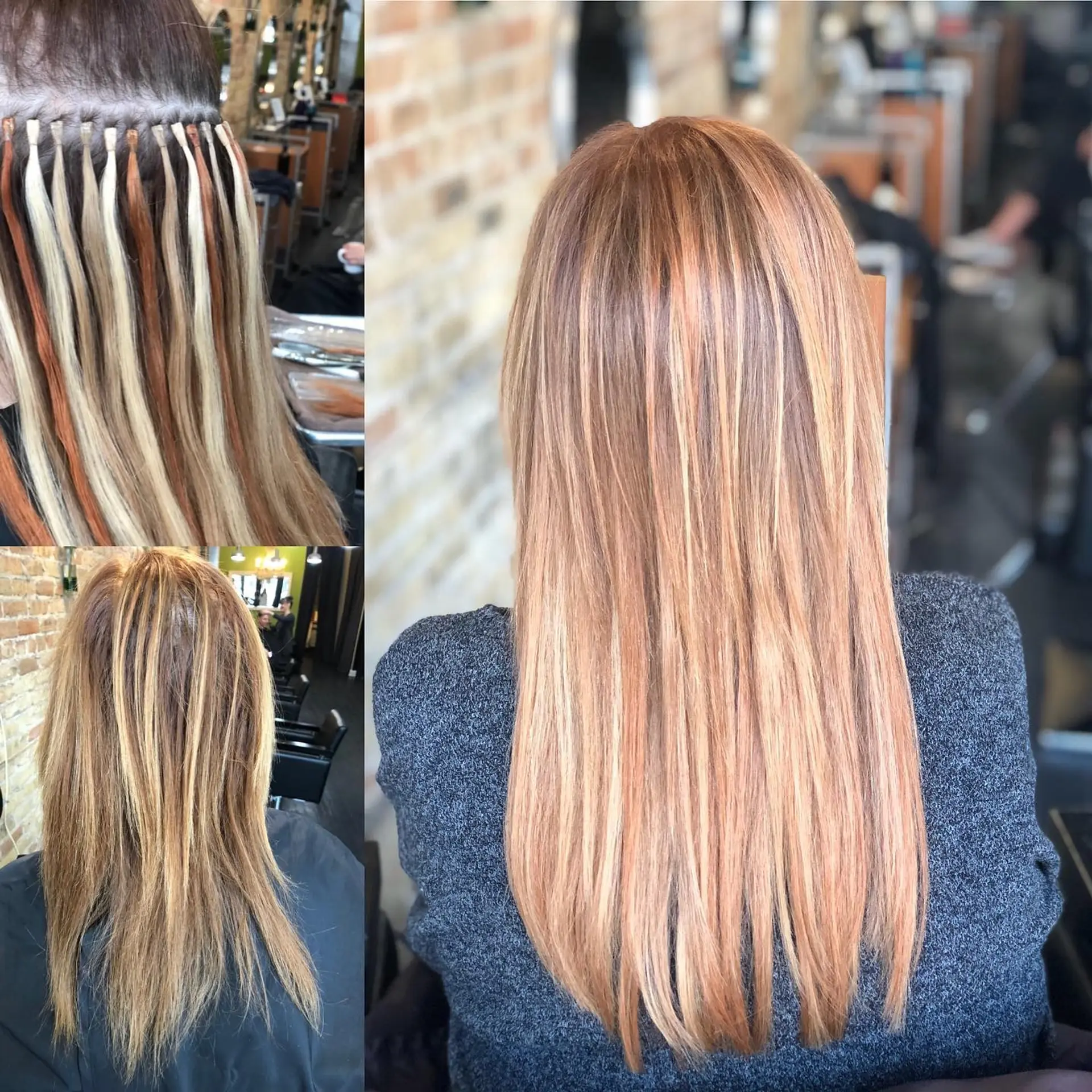 Long, sleek straight hair enhanced with hair extensions and blended strawberry blonde and golden highlights. 1