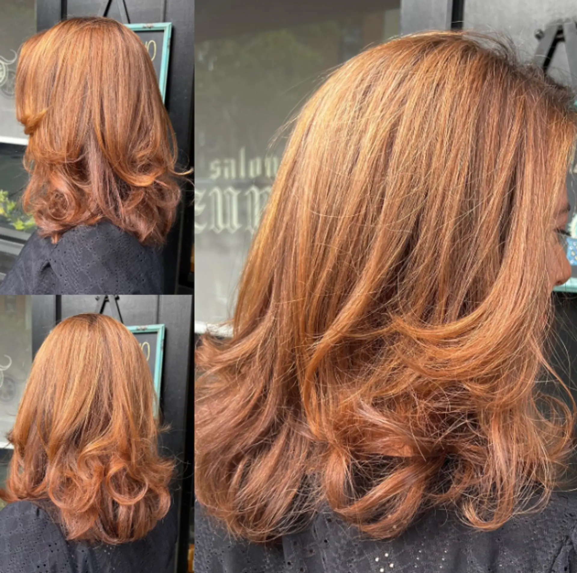 A medium-length, layered hairstyle with a wavy texture. 1