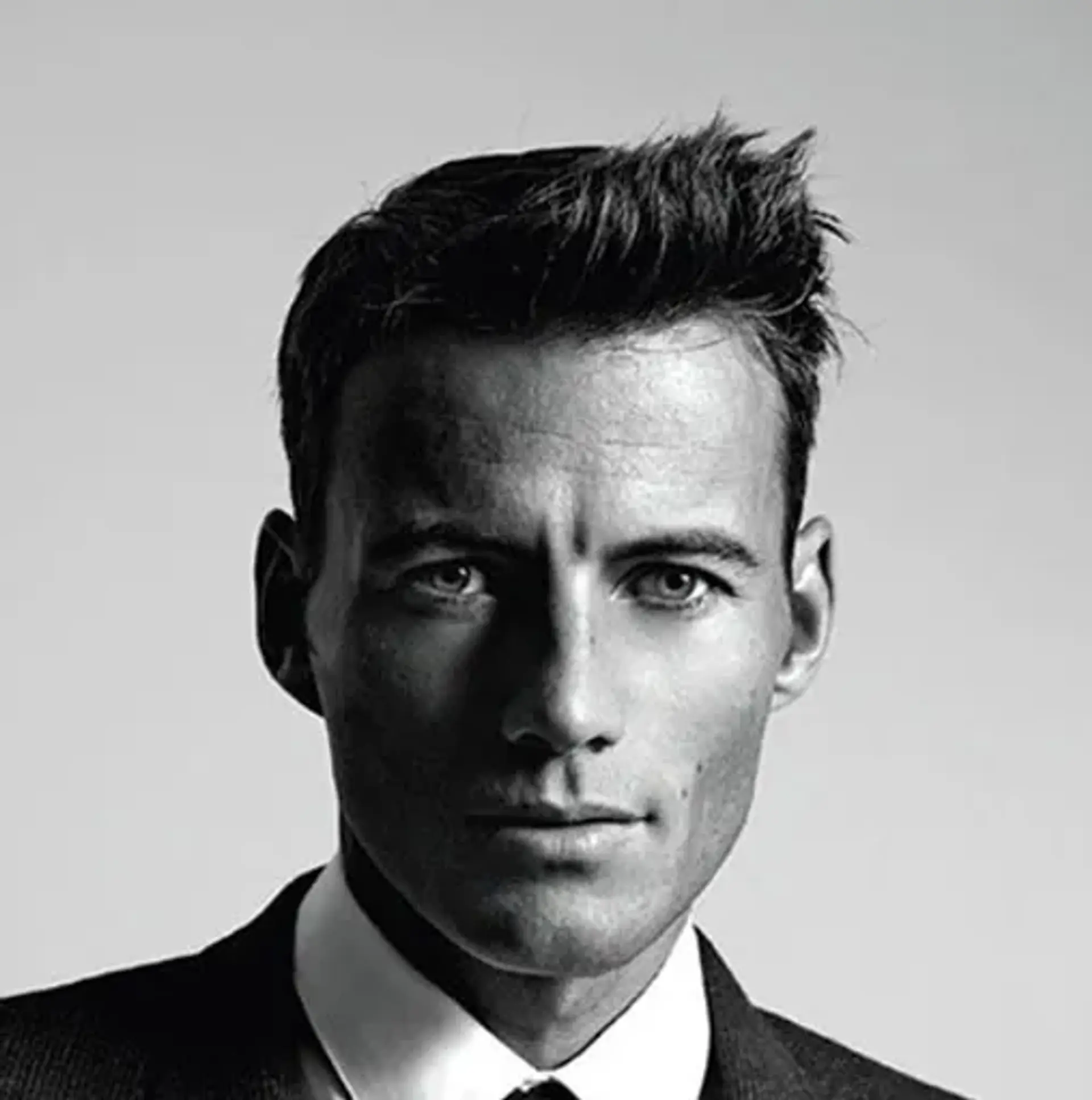 A short, straight quiff with textured volume and a side part, featuring a lifted front section for a sophisticated and professional look. 1