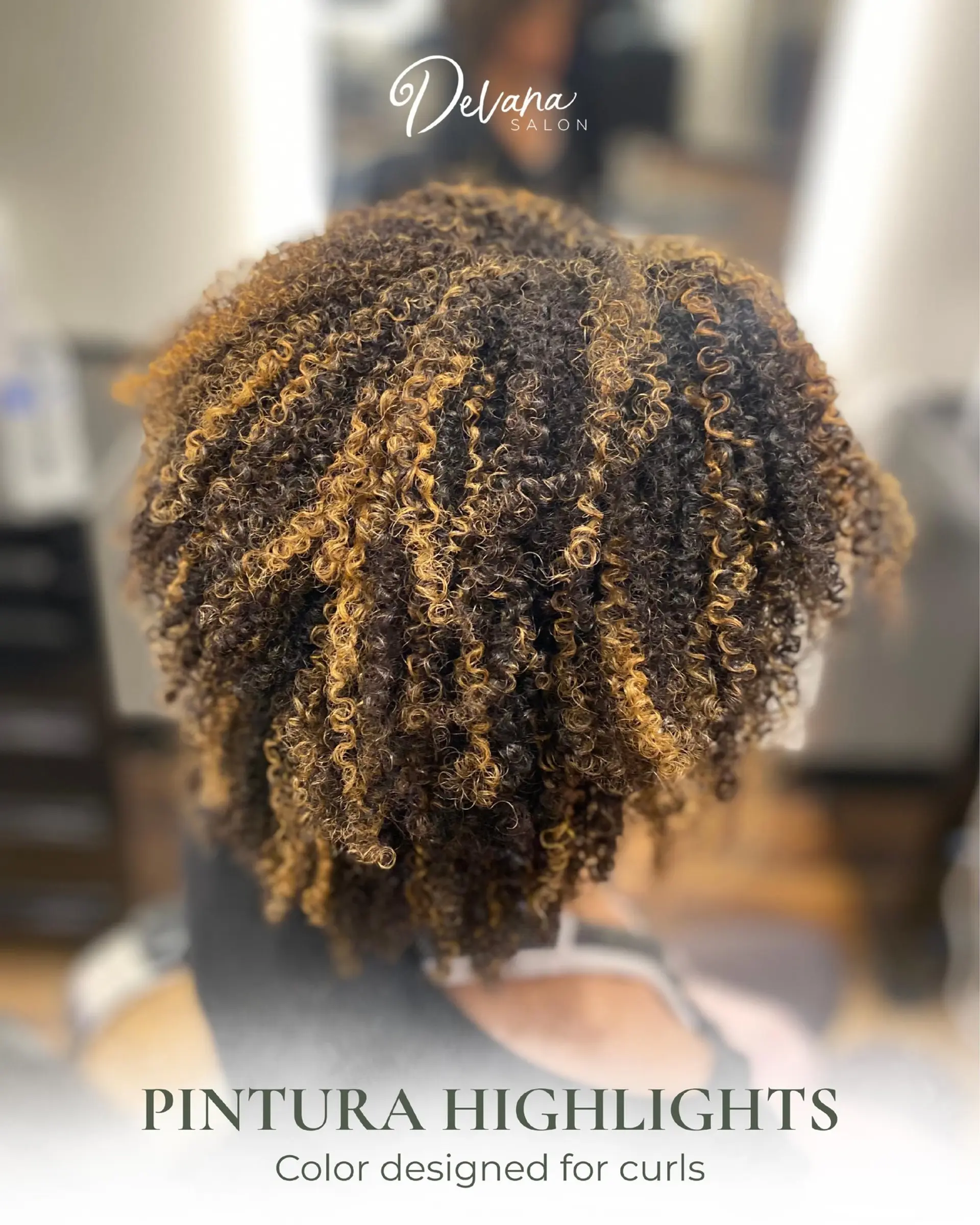 Defined tight coils and curls featuring warm honey and caramel pintura highlights for multidimensional depth. 1