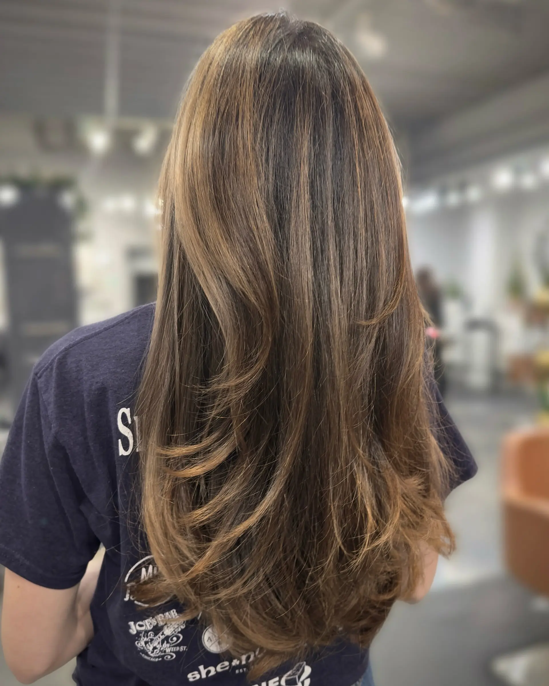 A long, straight brunette hairstyle with dimensional color and layered haircut. 1