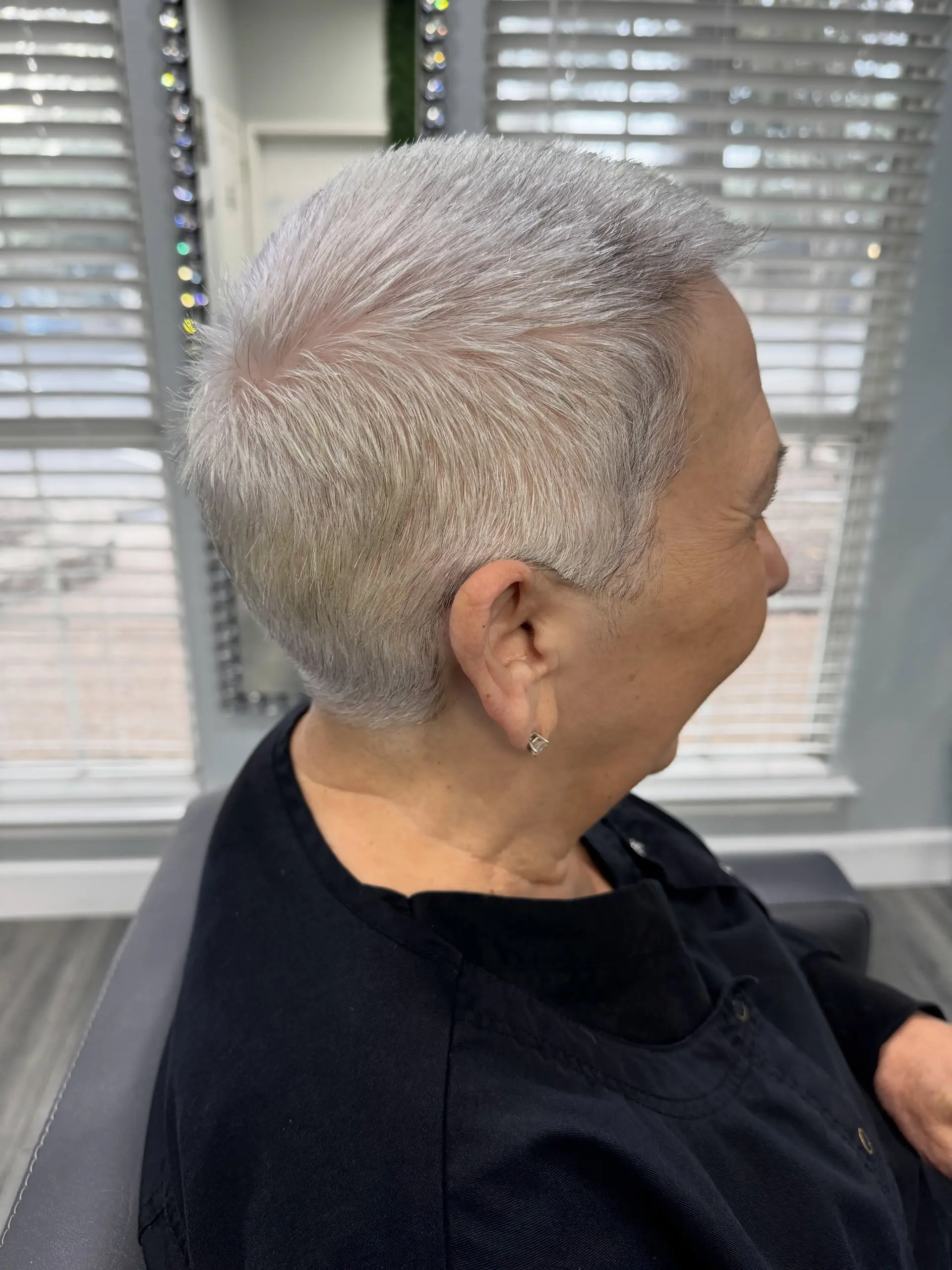 A sleek, closely cropped silver-white pixie cut with tapered sides and back. 1
