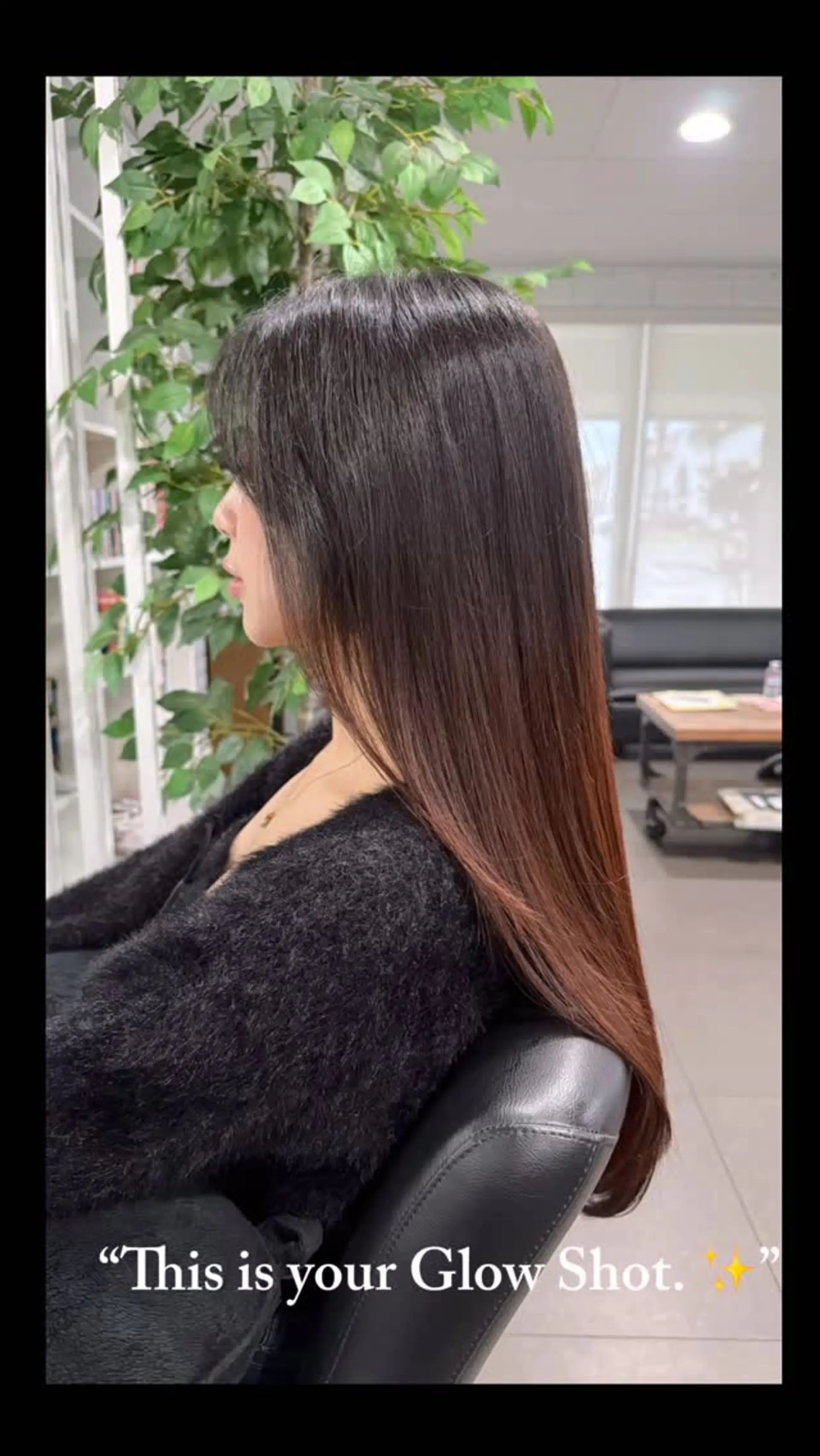 Long, sleek straight hair with a silky, high-shine finish and subtle warm brown tones through the lengths. 1