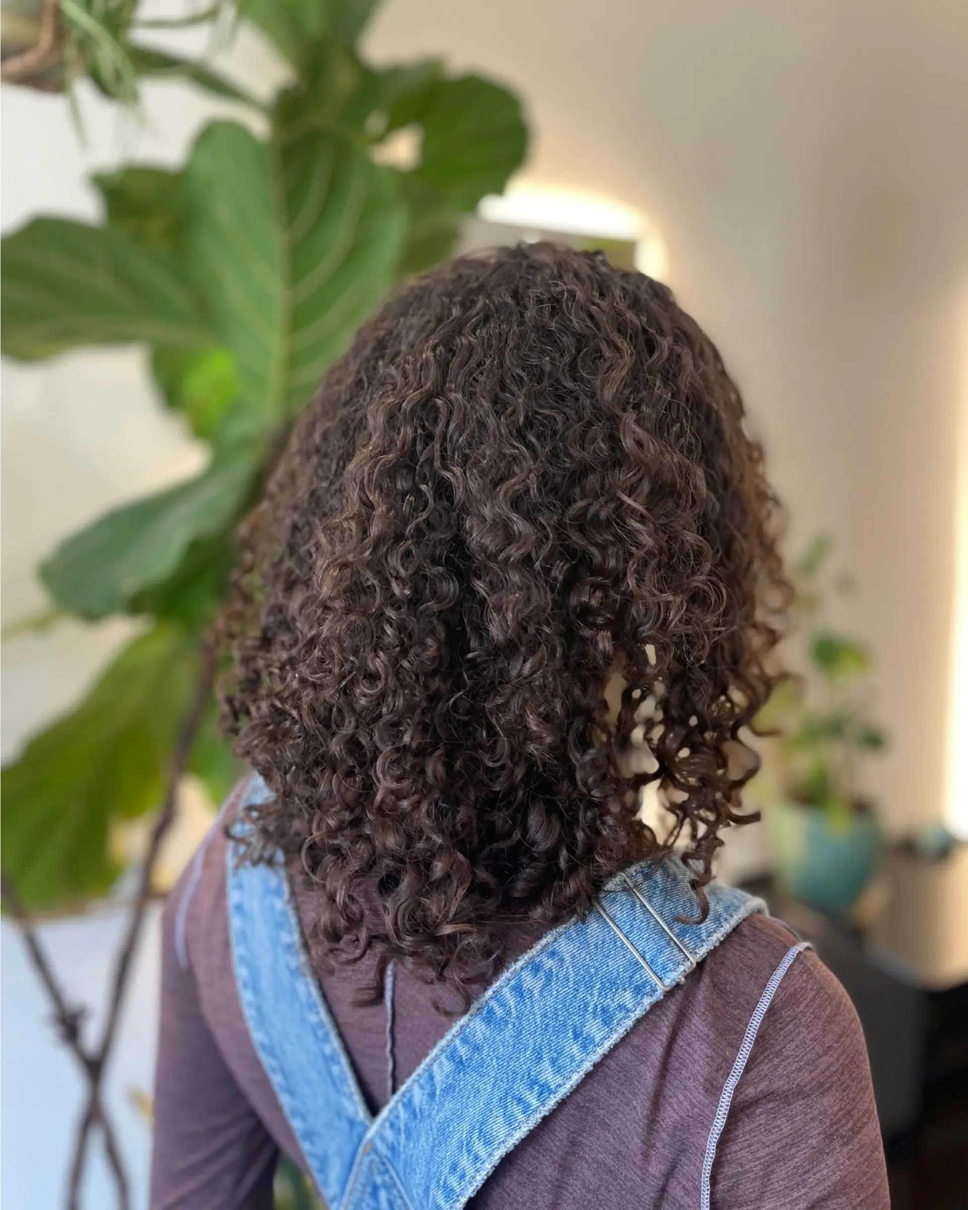Medium-length natural curly cut with rich dark brown tone, defined ringlets, and balanced volume. 1