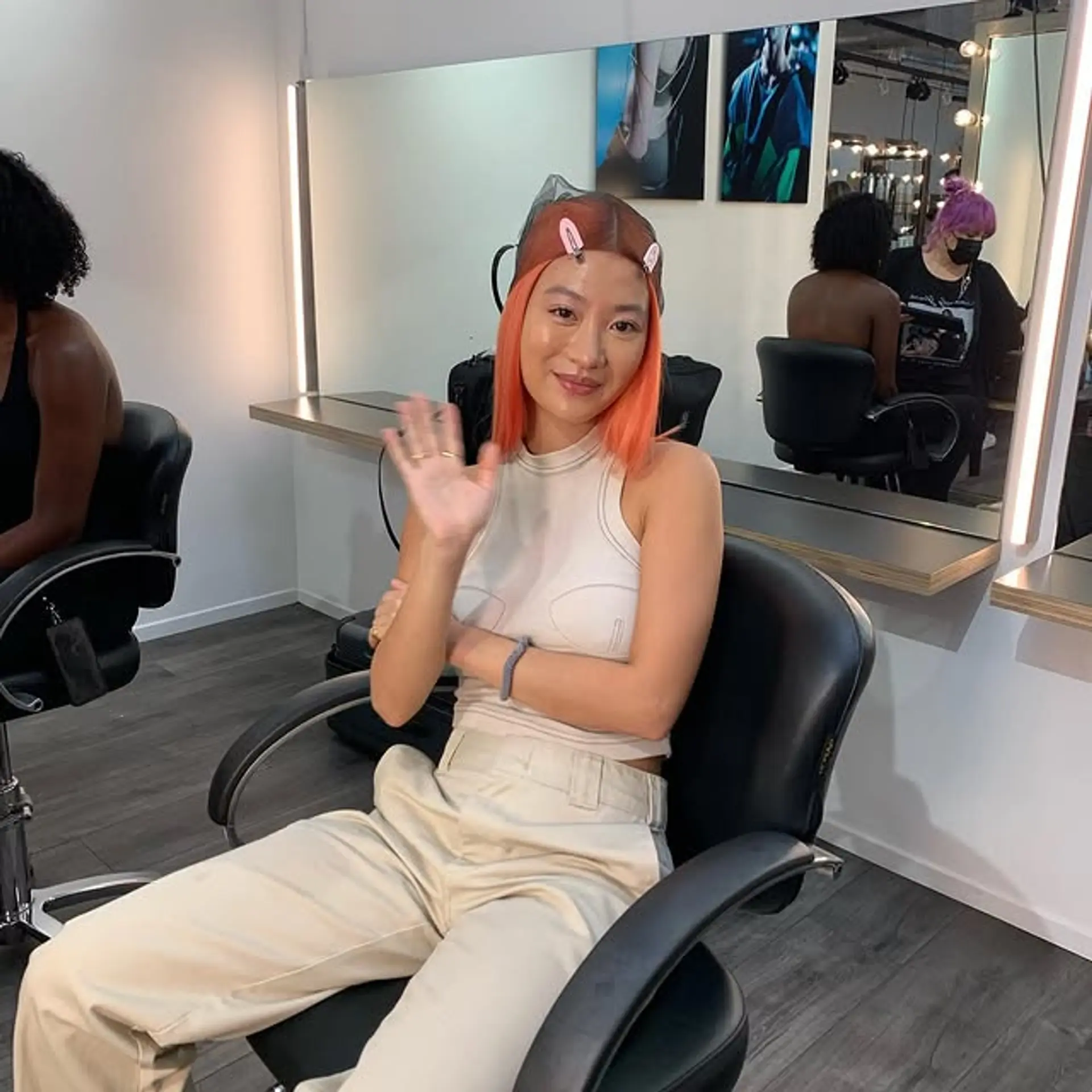 A trendy, straight bob, colored in a vibrant copper hue. 1