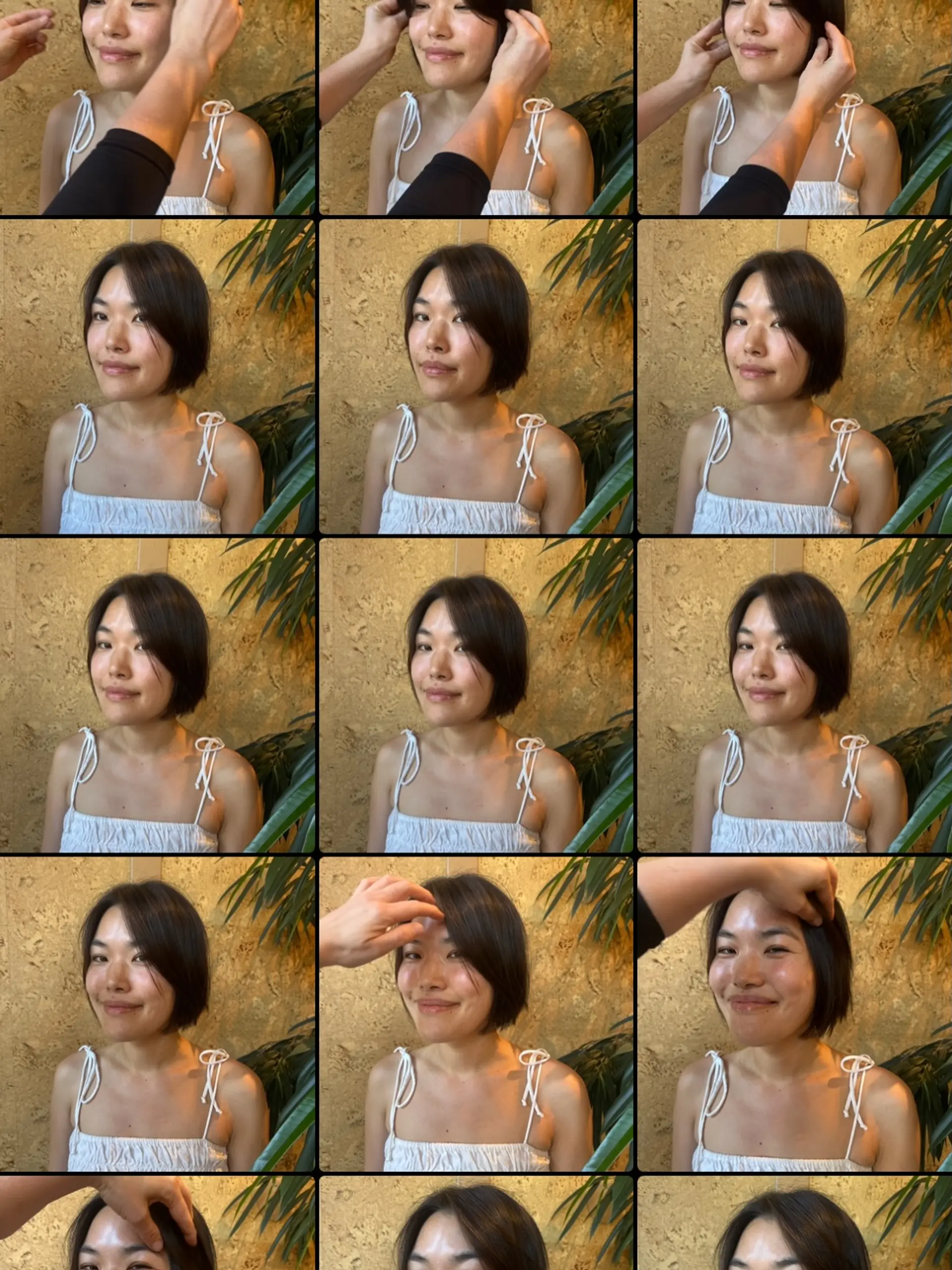 A sleek, chin-length short bob haircut styled straight with side-parted face-framing layers. 1