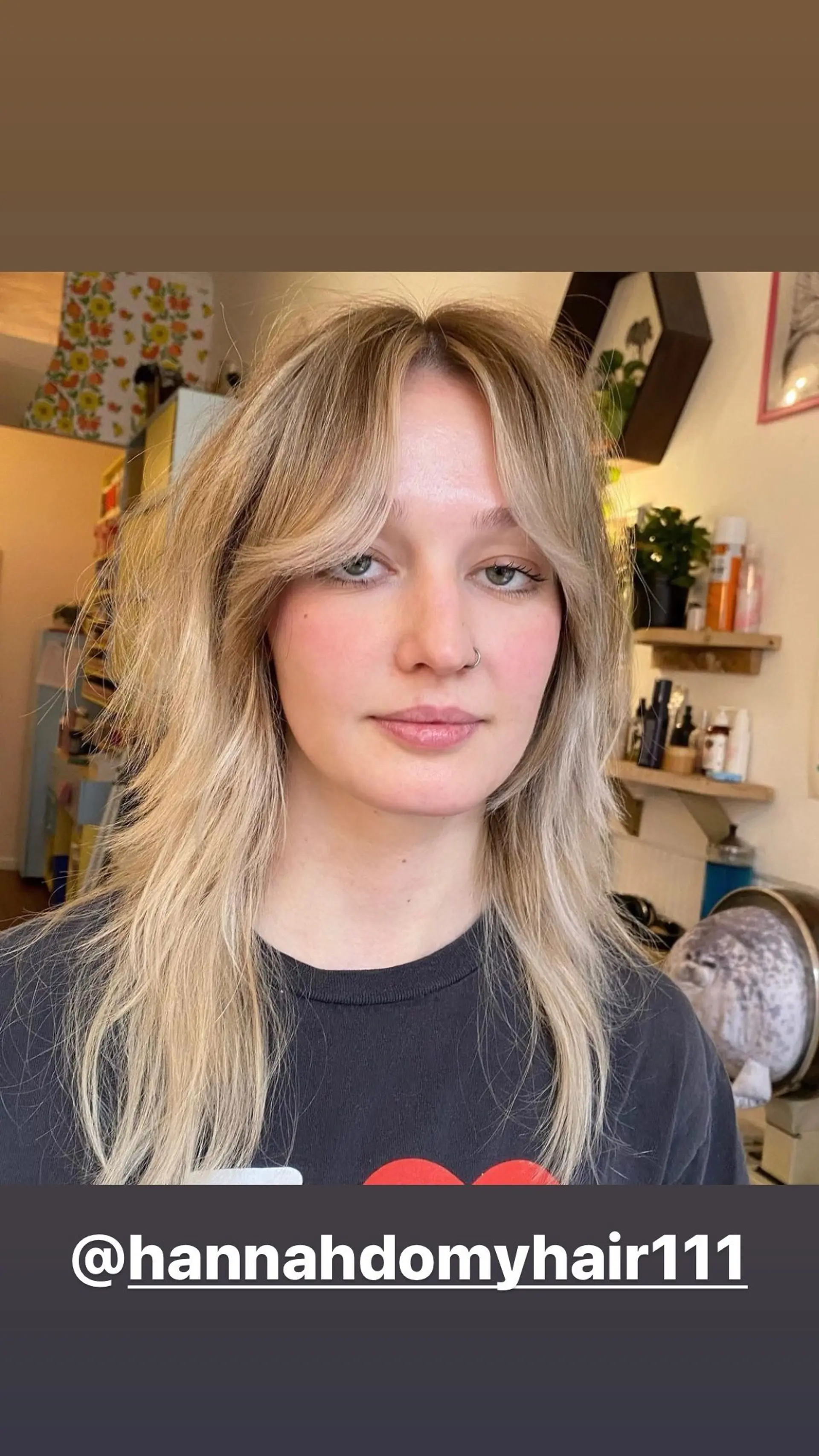 A medium-length shag with layered ends and curtain bangs. 1